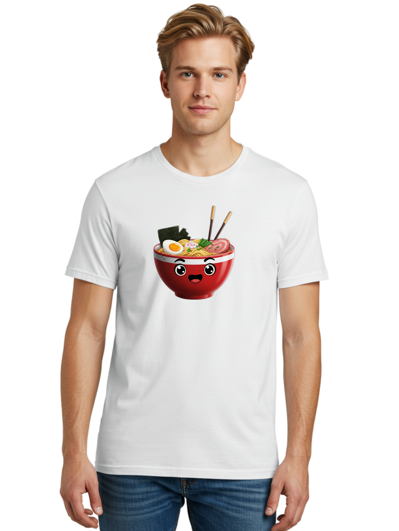 Ramen-Bowl-1 Men'S Graphic Tee, 100% Cotton, Comfortable Casual Summer Wear, Machine Washable, Cartoon Ramen, Steaming Hot Noodles, Sliced Pork, Boiled Egg, Seaweed, Chopsticks, Kawaii Food, Japanese Cuisine, Animated Meal, Fun Illustration, Bab291