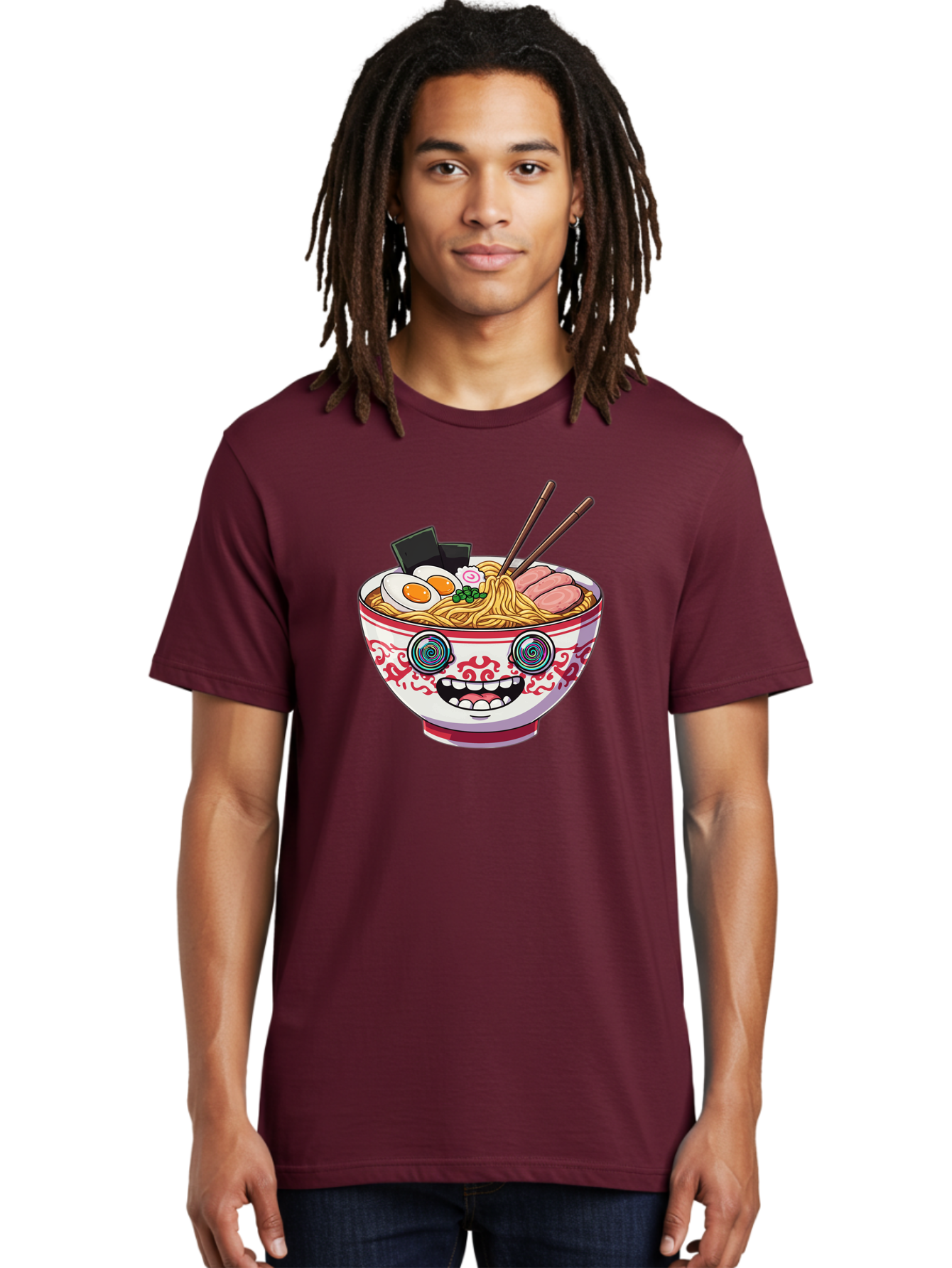 Ramen-Bowl-3 Men'S Graphic Tee, 100% Cotton, Comfortable Casual Summer Wear, Machine Washable, Cartoon Ramen, Bowl Of Noodles, Japanese Food, Noodle Soup, Eggs, Meat, Chopsticks, Kawaii Style, Anime-Inspired, Food Illustration, Colorful Dish, Bab293