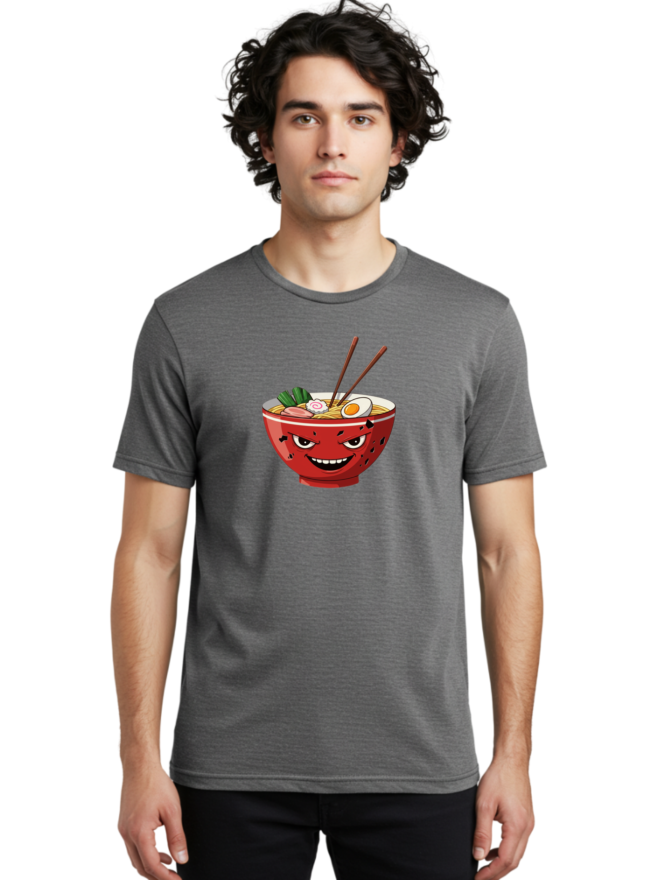 Ramen-Bowl-4 Men'S Graphic Tee, 100% Cotton, Comfortable Casual Summer Wear, Machine Washable, Ramen Bowl, Noodle Soup, Angry Face, Chopsticks, Boiled Egg, Sliced Pork, Green Onions, Cartoon Style, Kawaii, Japanese Cuisine, Comic Character Bab294