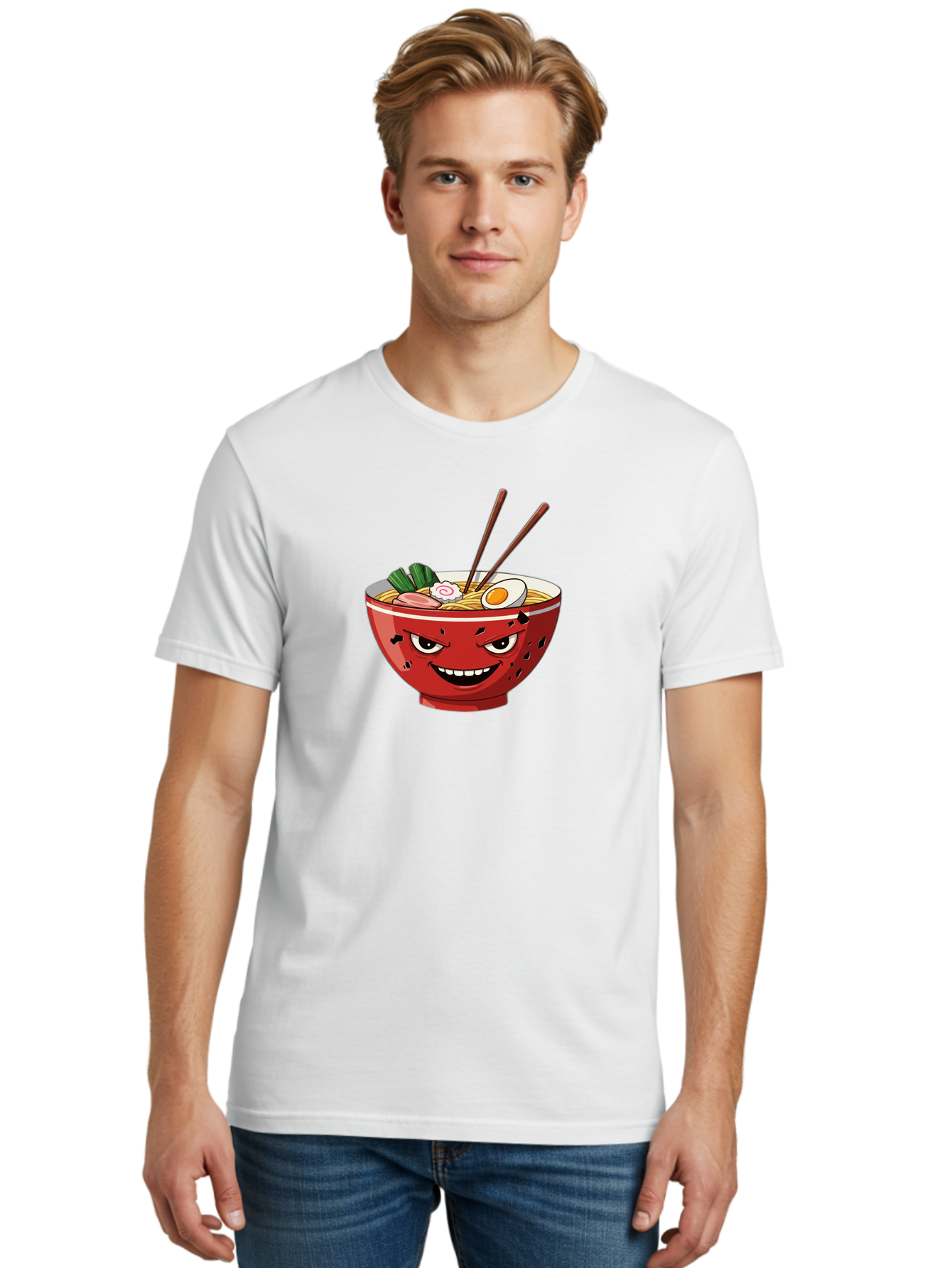 Ramen-Bowl-4 Men'S Graphic Tee, 100% Cotton, Comfortable Casual Summer Wear, Machine Washable, Ramen Bowl, Noodle Soup, Angry Face, Chopsticks, Boiled Egg, Sliced Pork, Green Onions, Cartoon Style, Kawaii, Japanese Cuisine, Comic Character Bab294