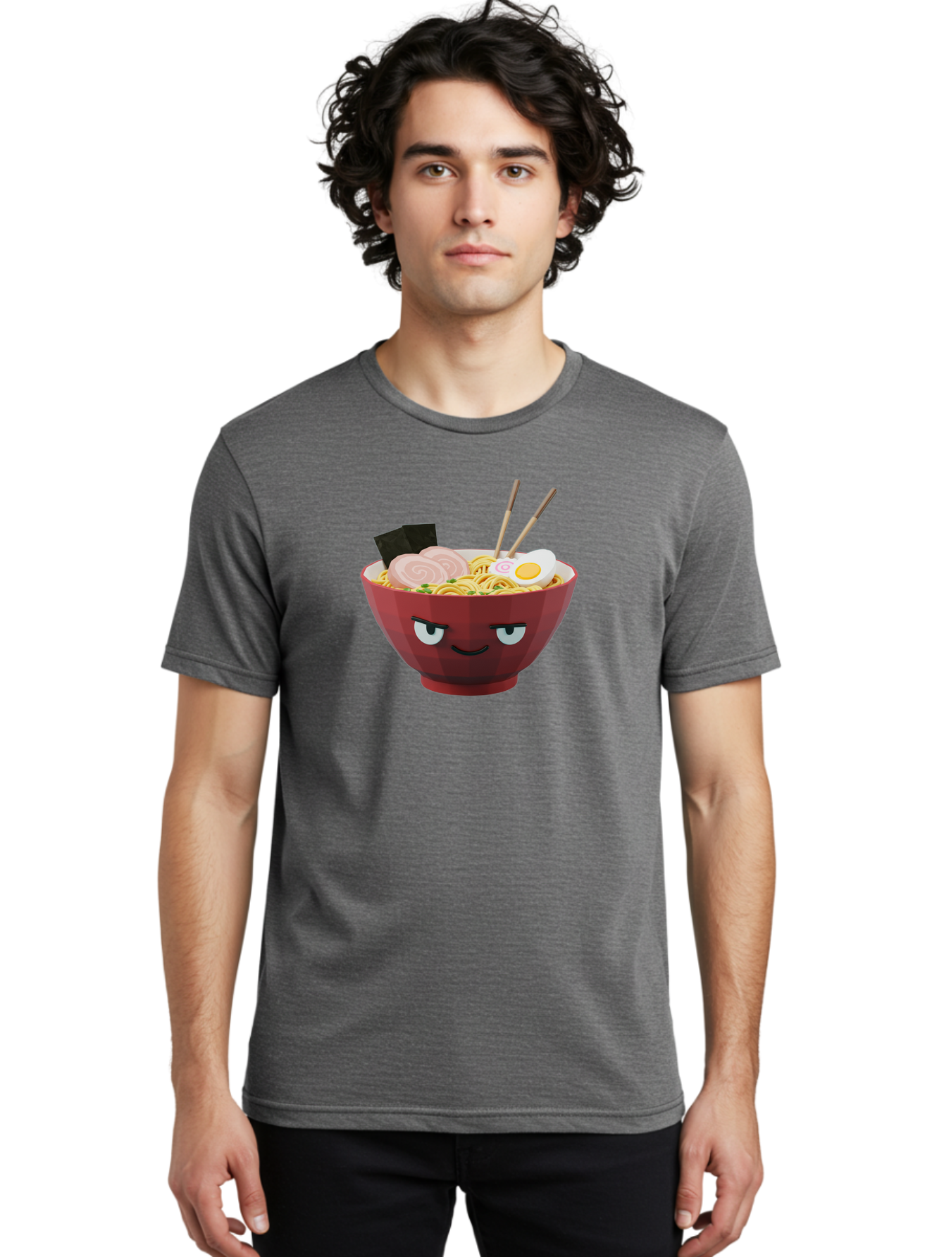 Ramen-Bowl-5 Men'S Graphic Tee, 100% Cotton, Comfortable Casual Summer Wear, Machine Washable, Cartoon Ramen Bowl, Angry Face, Ramen Noodles, Egg, Ham, Chopsticks, Japanese Food, Kawaii Style, Cartoon Character, Noodle Soup, Anime-Inspired Bab295