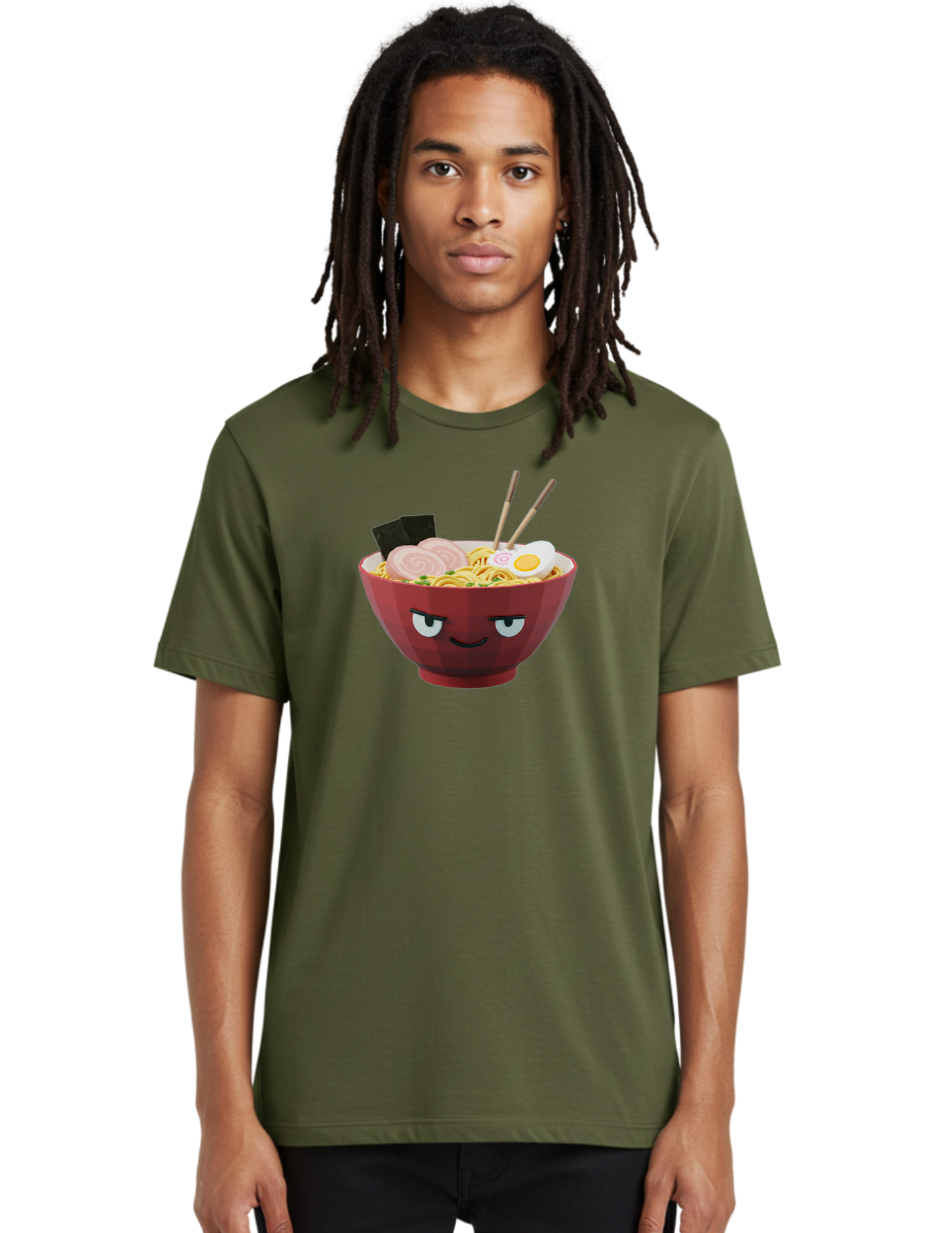 Ramen-Bowl-5 Men'S Graphic Tee, 100% Cotton, Comfortable Casual Summer Wear, Machine Washable, Cartoon Ramen Bowl, Angry Face, Ramen Noodles, Egg, Ham, Chopsticks, Japanese Food, Kawaii Style, Cartoon Character, Noodle Soup, Anime-Inspired Bab295