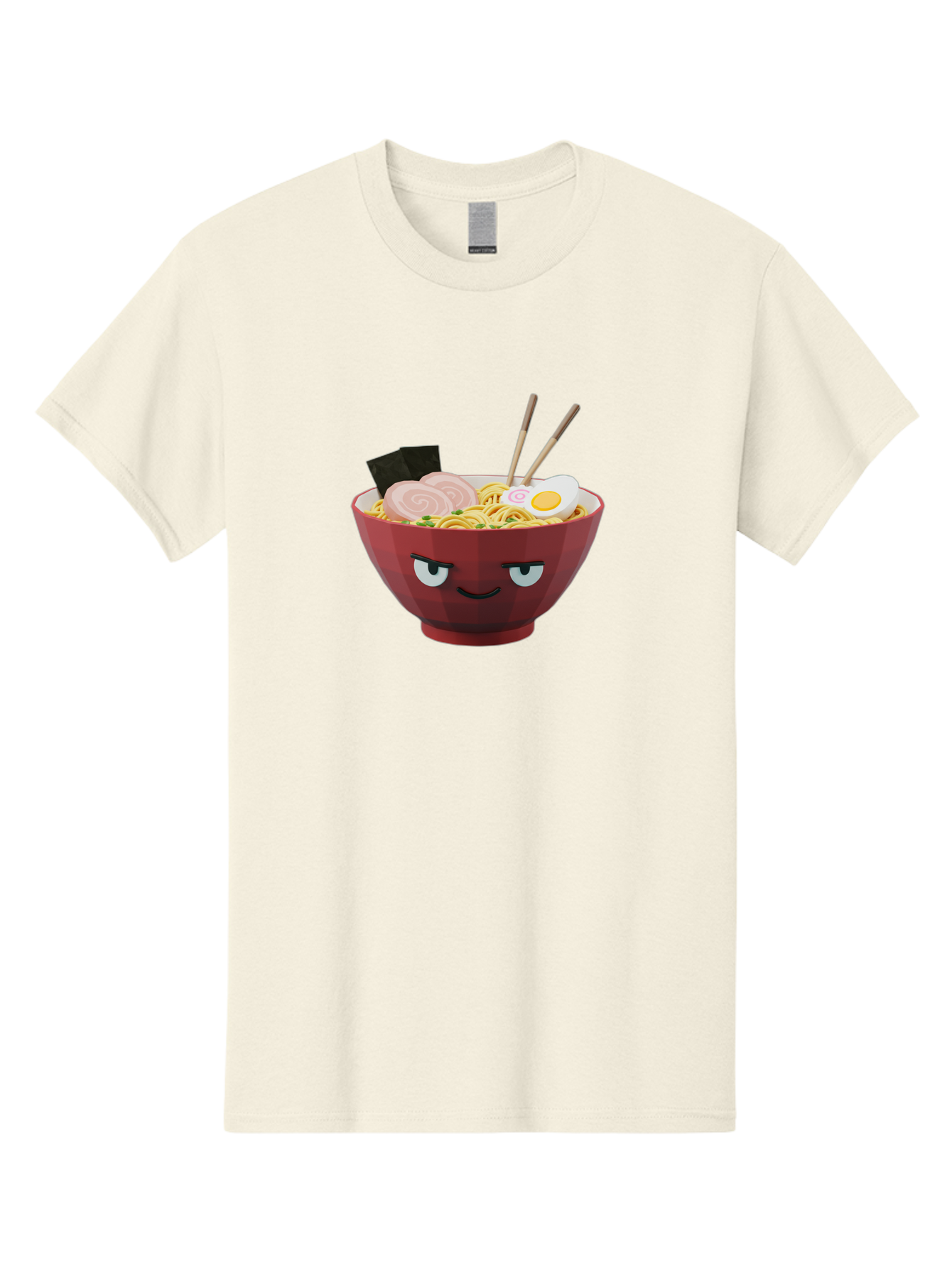 Ramen-Bowl-5 Men'S Graphic Tee, 100% Cotton, Comfortable Casual Summer Wear, Machine Washable, Cartoon Ramen Bowl, Angry Face, Ramen Noodles, Egg, Ham, Chopsticks, Japanese Food, Kawaii Style, Cartoon Character, Noodle Soup, Anime-Inspired Bab295
