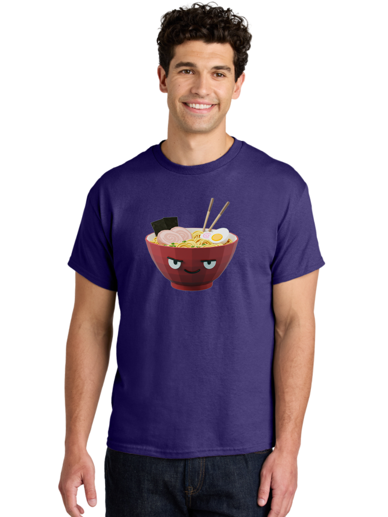 Ramen-Bowl-5 Men'S Graphic Tee, 100% Cotton, Comfortable Casual Summer Wear, Machine Washable, Cartoon Ramen Bowl, Angry Face, Ramen Noodles, Egg, Ham, Chopsticks, Japanese Food, Kawaii Style, Cartoon Character, Noodle Soup, Anime-Inspired Bab295