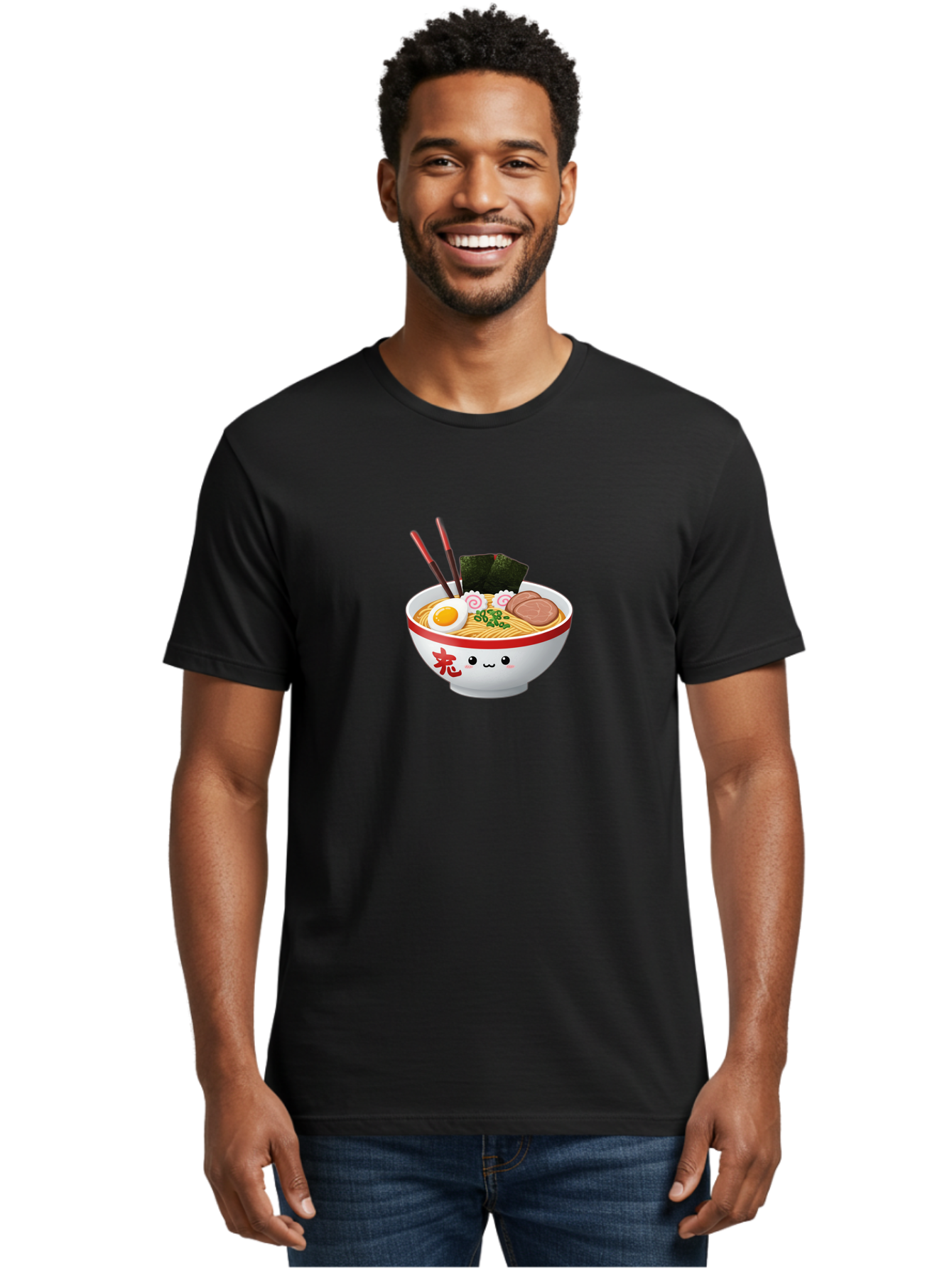 Ramen-Bowl-6 Men'S Graphic Tee, 100% Cotton, Comfortable Casual Summer Wear, Machine Washable, Bowl Of Ramen, Japanese Noodles, Boiled Egg, Green Onions, Seaweed, Sausage, Chopsticks, Anime Food, Kawaii, Cartoon Style, Food Illustration Bab296