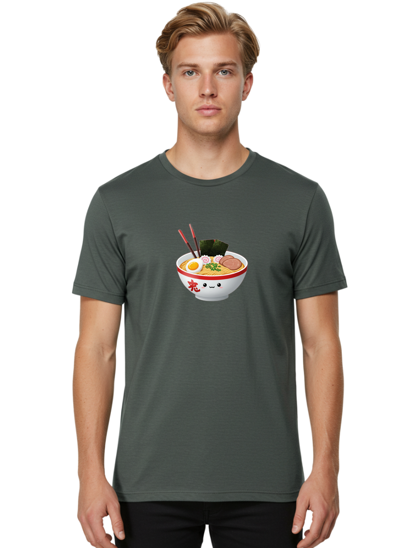 Ramen-Bowl-6 Men'S Graphic Tee, 100% Cotton, Comfortable Casual Summer Wear, Machine Washable, Bowl Of Ramen, Japanese Noodles, Boiled Egg, Green Onions, Seaweed, Sausage, Chopsticks, Anime Food, Kawaii, Cartoon Style, Food Illustration Bab296