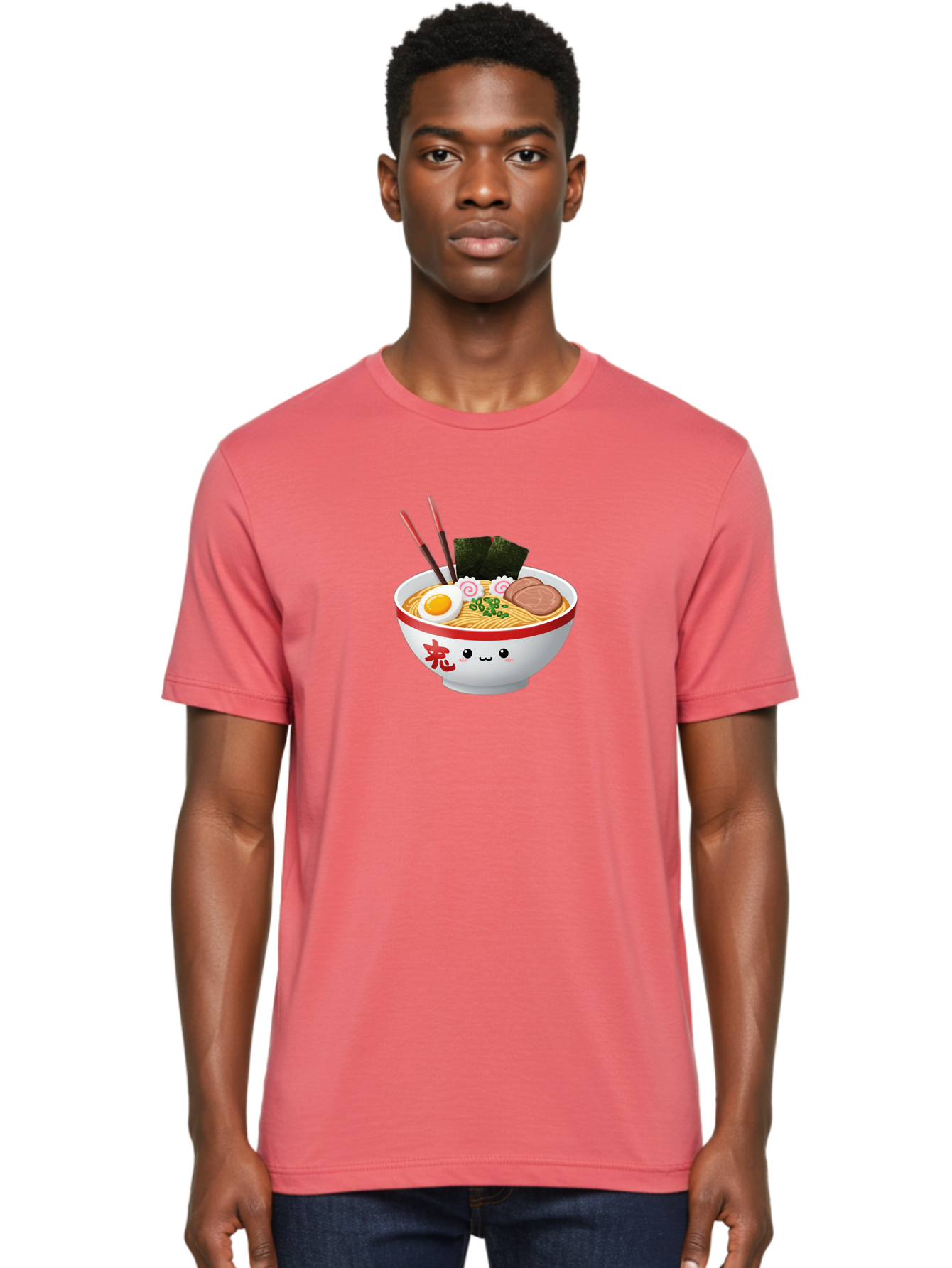 Ramen-Bowl-6 Men'S Graphic Tee, 100% Cotton, Comfortable Casual Summer Wear, Machine Washable, Bowl Of Ramen, Japanese Noodles, Boiled Egg, Green Onions, Seaweed, Sausage, Chopsticks, Anime Food, Kawaii, Cartoon Style, Food Illustration Bab296