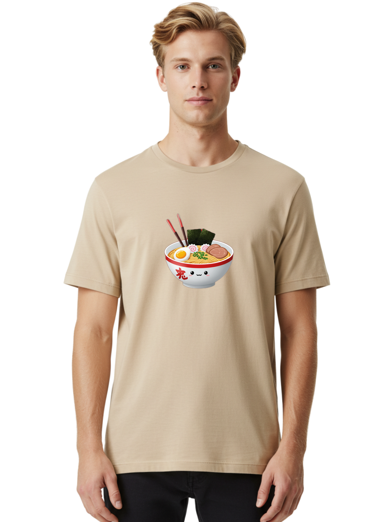 Ramen-Bowl-6 Men'S Graphic Tee, 100% Cotton, Comfortable Casual Summer Wear, Machine Washable, Bowl Of Ramen, Japanese Noodles, Boiled Egg, Green Onions, Seaweed, Sausage, Chopsticks, Anime Food, Kawaii, Cartoon Style, Food Illustration Bab296