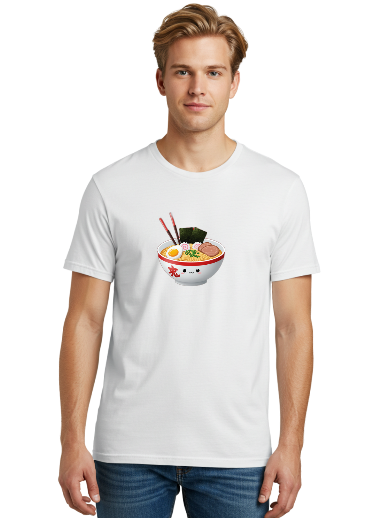 Ramen-Bowl-6 Men'S Graphic Tee, 100% Cotton, Comfortable Casual Summer Wear, Machine Washable, Bowl Of Ramen, Japanese Noodles, Boiled Egg, Green Onions, Seaweed, Sausage, Chopsticks, Anime Food, Kawaii, Cartoon Style, Food Illustration Bab296