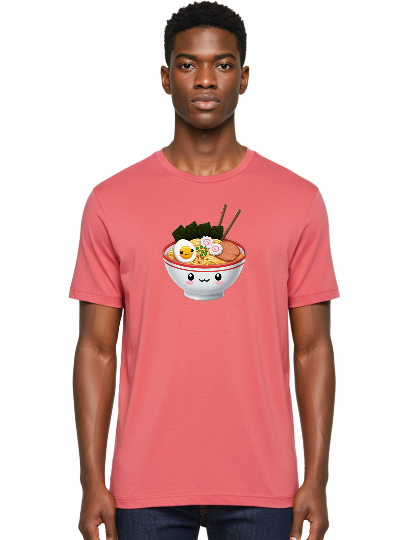 Ramen-Bowl-7 Men'S Graphic Tee, 100% Cotton, Comfortable Casual Summer Wear, Machine Washable, Ramen Noodles, Steaming Bowl, Egg, Seaweed, Narutomaki, Chopsticks, Happy Face, Cartoon Style, Japanese Cuisine, Kawaii Food, Noodle Soup, Bab297