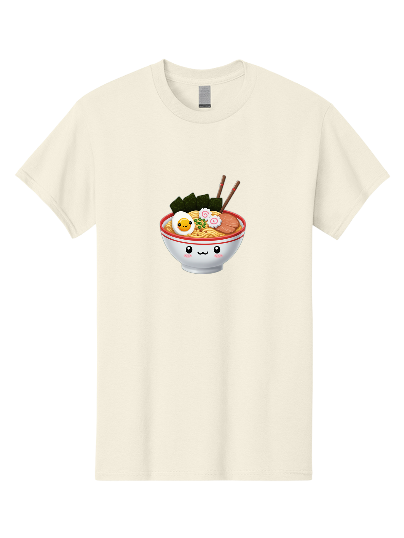 Ramen-Bowl-7 Men'S Graphic Tee, 100% Cotton, Comfortable Casual Summer Wear, Machine Washable, Ramen Noodles, Steaming Bowl, Egg, Seaweed, Narutomaki, Chopsticks, Happy Face, Cartoon Style, Japanese Cuisine, Kawaii Food, Noodle Soup, Bab297