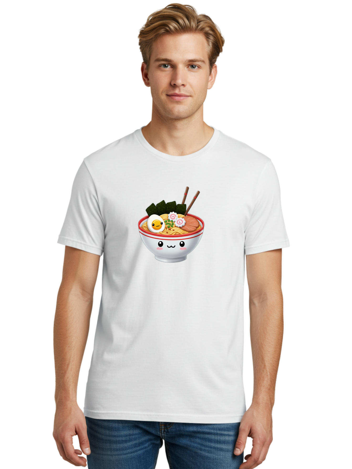 Ramen-Bowl-7 Men'S Graphic Tee, 100% Cotton, Comfortable Casual Summer Wear, Machine Washable, Ramen Noodles, Steaming Bowl, Egg, Seaweed, Narutomaki, Chopsticks, Happy Face, Cartoon Style, Japanese Cuisine, Kawaii Food, Noodle Soup, Bab297