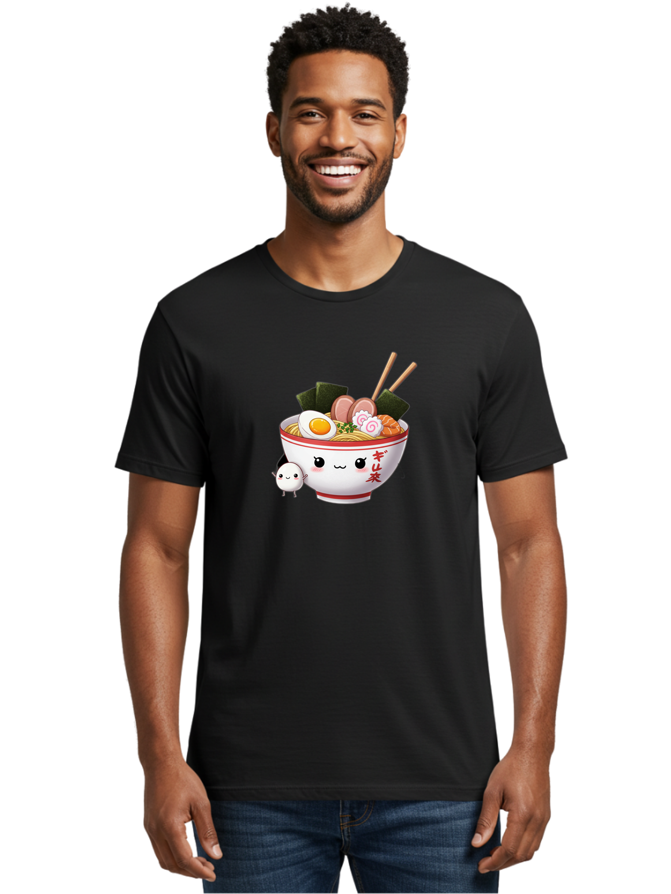 Ramen-Bowl-8 Men'S Graphic Tee, 100% Cotton, Comfortable Casual Summer Wear, Machine Washable, Kawaii Ramen, Steaming Hot Noodles, Boiled Egg, Sliced Pork, Seaweed, Japanese Cuisine, Cartoon Food, Ramen Character, Adorable Illustration, Bab298
