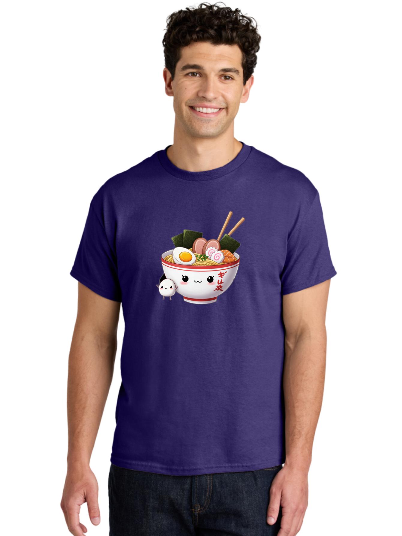 Ramen-Bowl-8 Men'S Graphic Tee, 100% Cotton, Comfortable Casual Summer Wear, Machine Washable, Kawaii Ramen, Steaming Hot Noodles, Boiled Egg, Sliced Pork, Seaweed, Japanese Cuisine, Cartoon Food, Ramen Character, Adorable Illustration, Bab298
