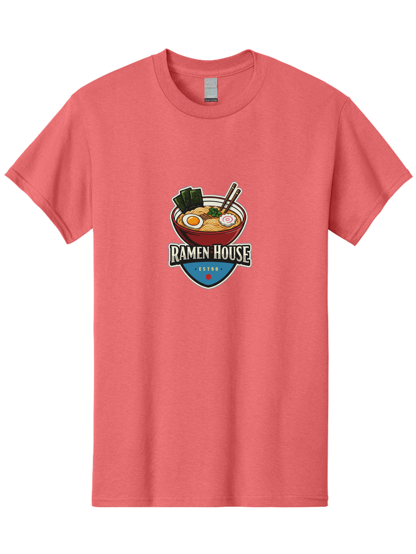 Ramen-House Men'S Graphic Tee, 100% Cotton, Comfortable Casual Summer Wear, Machine Washable, Ramen Bowl, Noodle Soup, Egg, Seaweed, Chopsticks, Japanese Cuisine, Asian Food, Ramen House, Est90, Food Logo, Restaurant Branding Bab301
