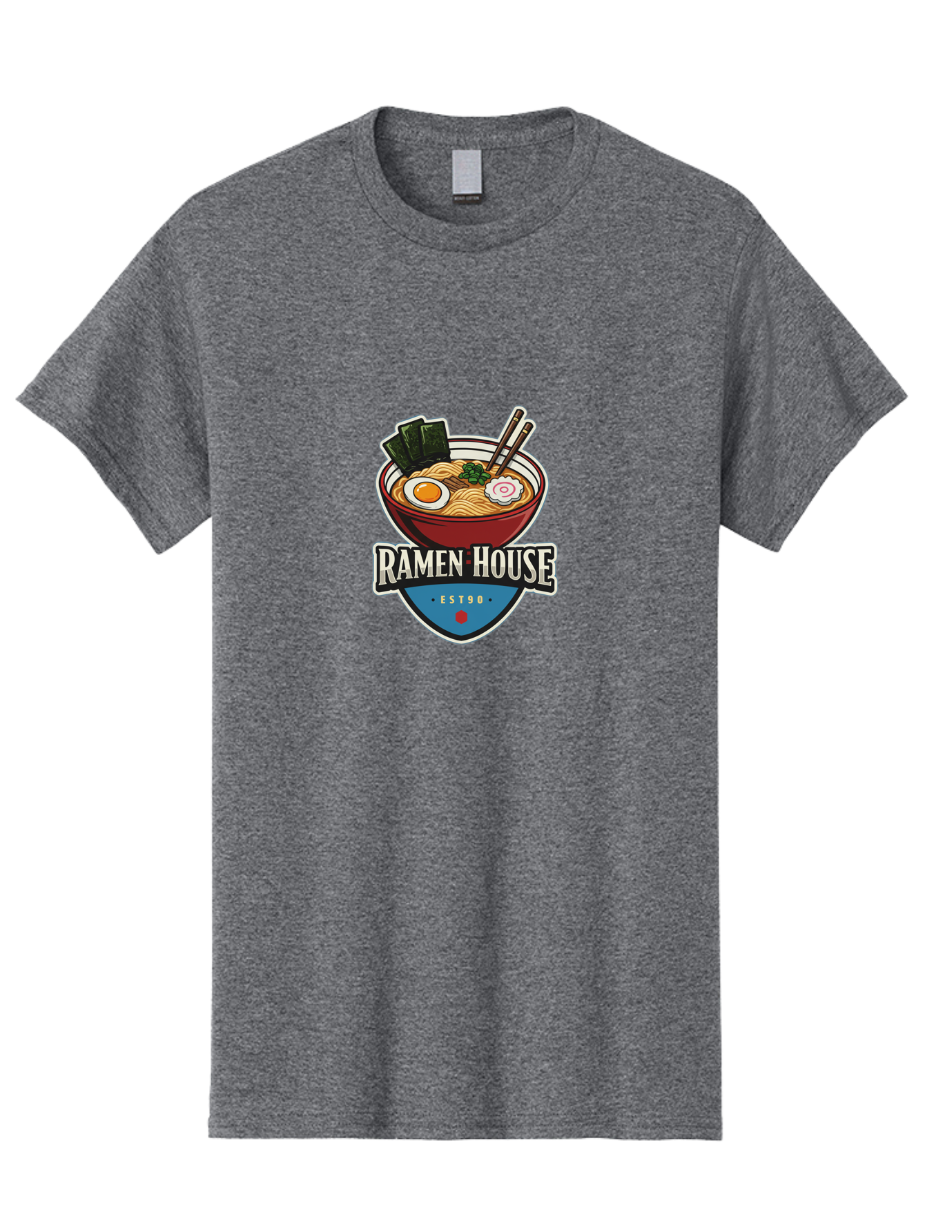 Ramen-House Men'S Graphic Tee, 100% Cotton, Comfortable Casual Summer Wear, Machine Washable, Ramen Bowl, Noodle Soup, Egg, Seaweed, Chopsticks, Japanese Cuisine, Asian Food, Ramen House, Est90, Food Logo, Restaurant Branding Bab301