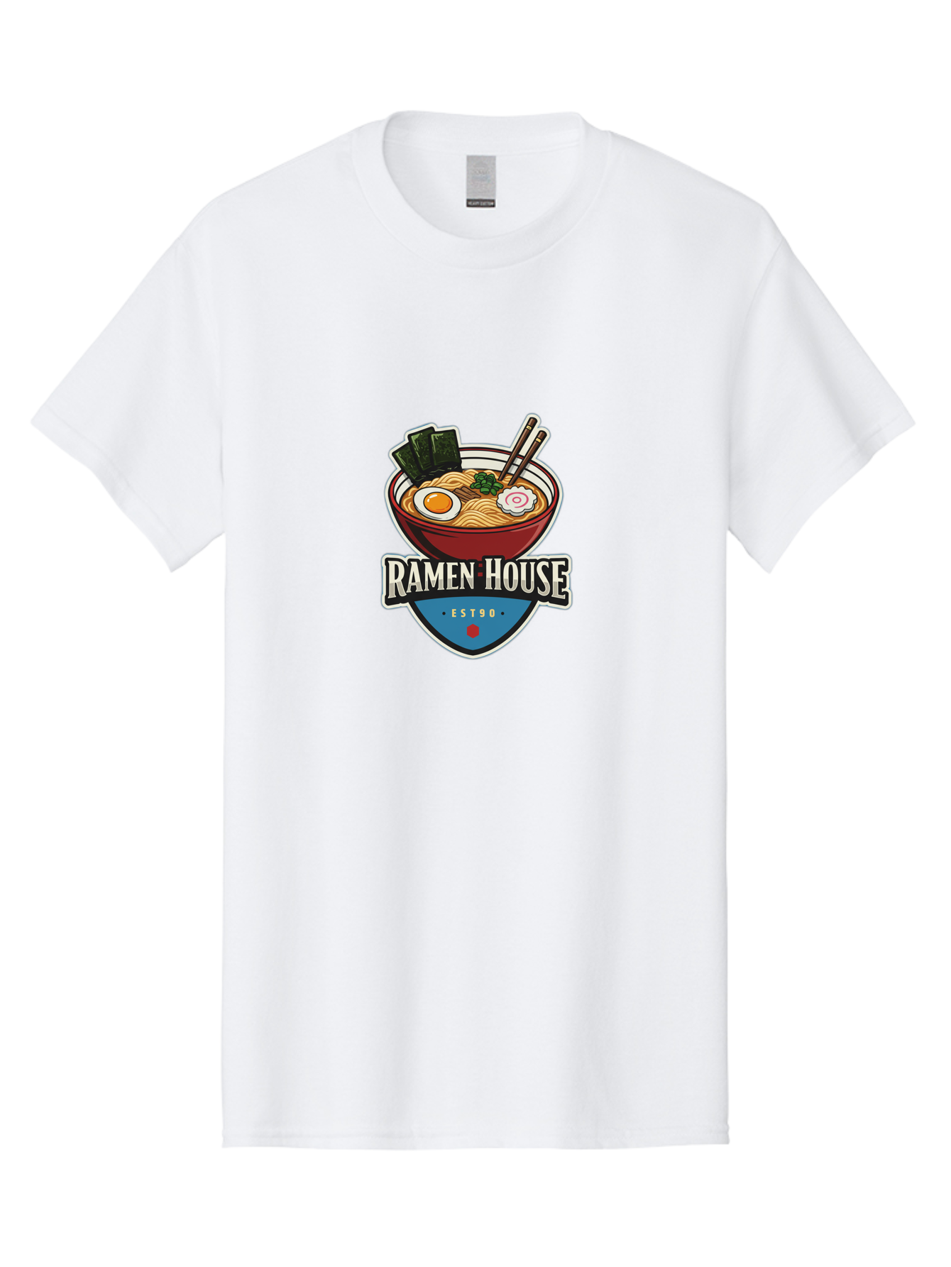 Ramen-House Men'S Graphic Tee, 100% Cotton, Comfortable Casual Summer Wear, Machine Washable, Ramen Bowl, Noodle Soup, Egg, Seaweed, Chopsticks, Japanese Cuisine, Asian Food, Ramen House, Est90, Food Logo, Restaurant Branding Bab301