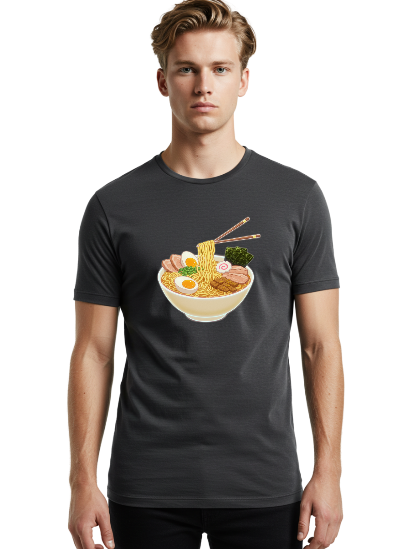 Ramen-Noodle-1 Men'S Graphic Tee, 100% Cotton, Comfortable Casual Summer Wear, Machine Washable, Delicious Ramen, Steaming Hot Noodles, Savory Pork Slices, Boiled Egg, Seaweed, Chopsticks, Japanese Cuisine, Noodle Soup, Comfort Food, Bab302