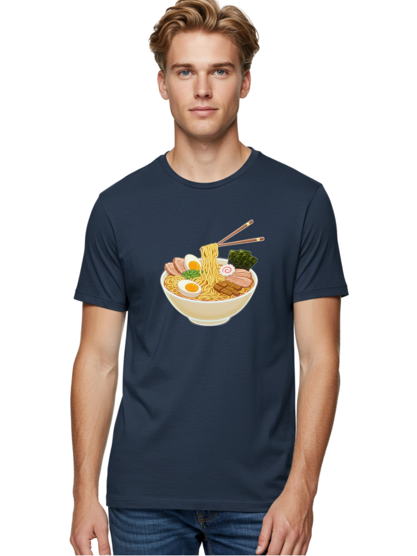Ramen-Noodle-1 Men'S Graphic Tee, 100% Cotton, Comfortable Casual Summer Wear, Machine Washable, Delicious Ramen, Steaming Hot Noodles, Savory Pork Slices, Boiled Egg, Seaweed, Chopsticks, Japanese Cuisine, Noodle Soup, Comfort Food, Bab302