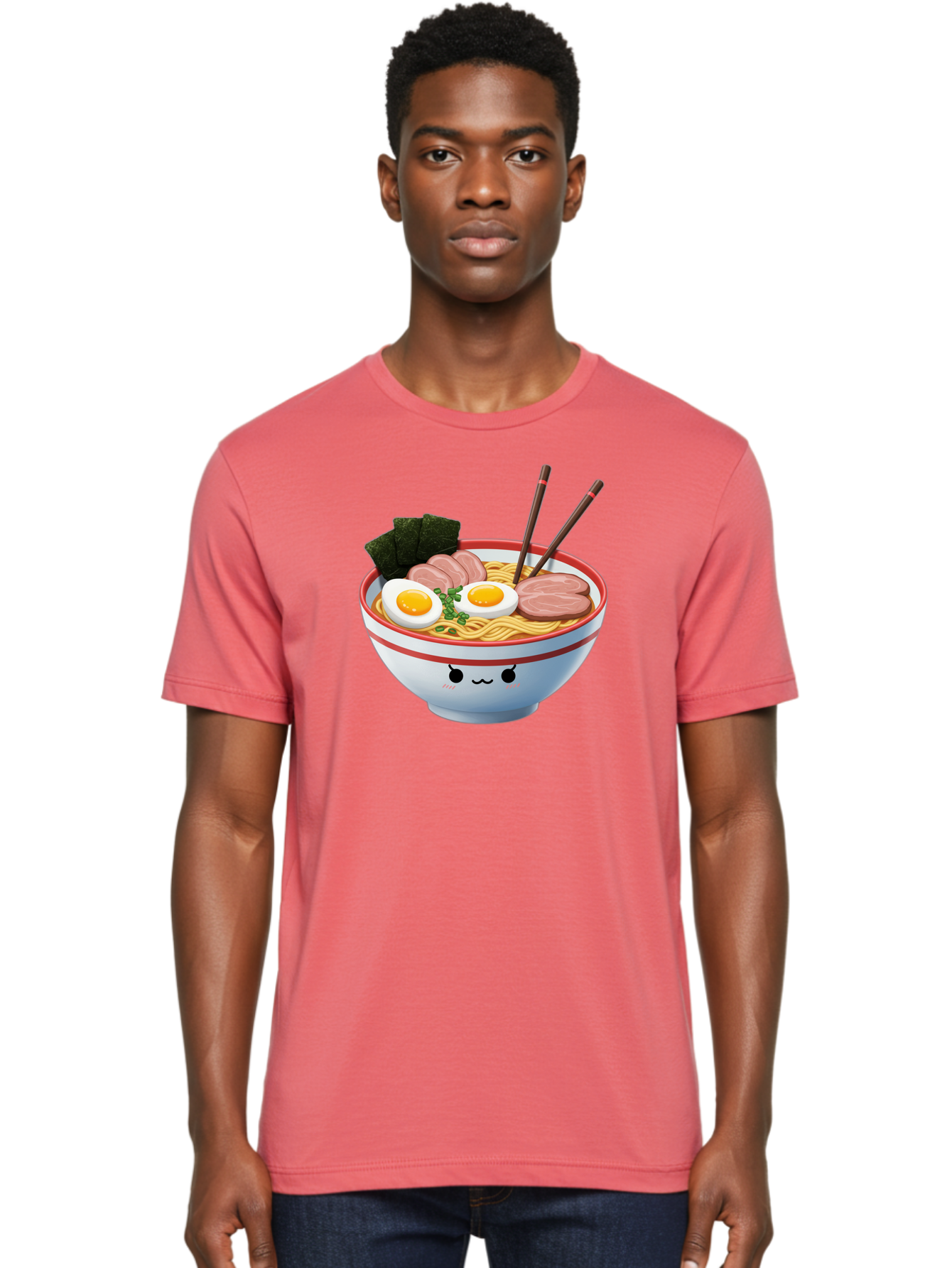Ramen-Noodle-Bowl-1 Men'S Graphic Tee, 100% Cotton, Comfortable Casual Summer Wear, Machine Washable, Steaming Hot Ramen, Japanese Cuisine, Egg And Meat Toppings, Boiled Egg, Sliced Pork, Seaweed, Chopsticks, Kawaii Culture, Noodle Soup, Bab303