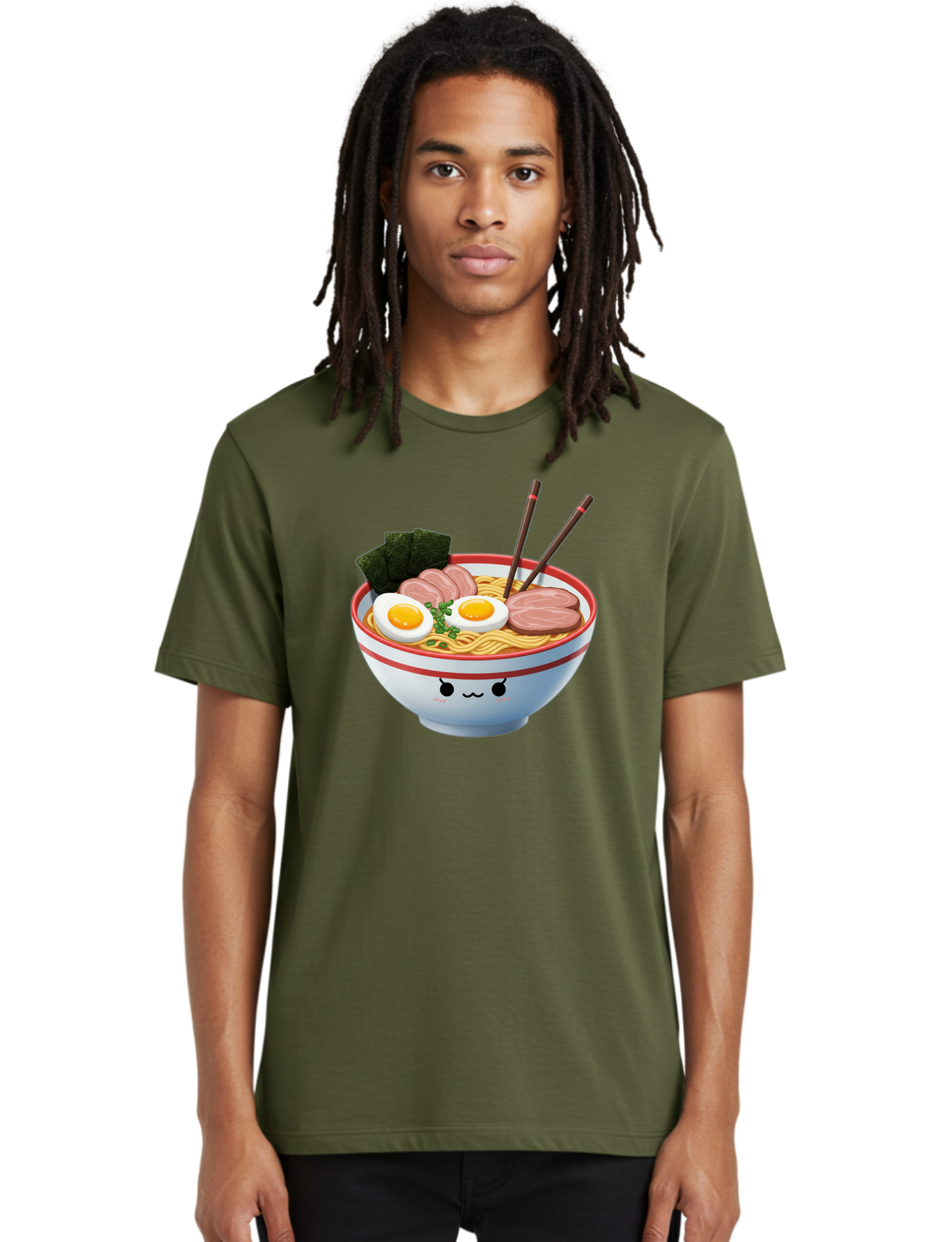 Ramen-Noodle-Bowl-1 Men'S Graphic Tee, 100% Cotton, Comfortable Casual Summer Wear, Machine Washable, Steaming Hot Ramen, Japanese Cuisine, Egg And Meat Toppings, Boiled Egg, Sliced Pork, Seaweed, Chopsticks, Kawaii Culture, Noodle Soup, Bab303