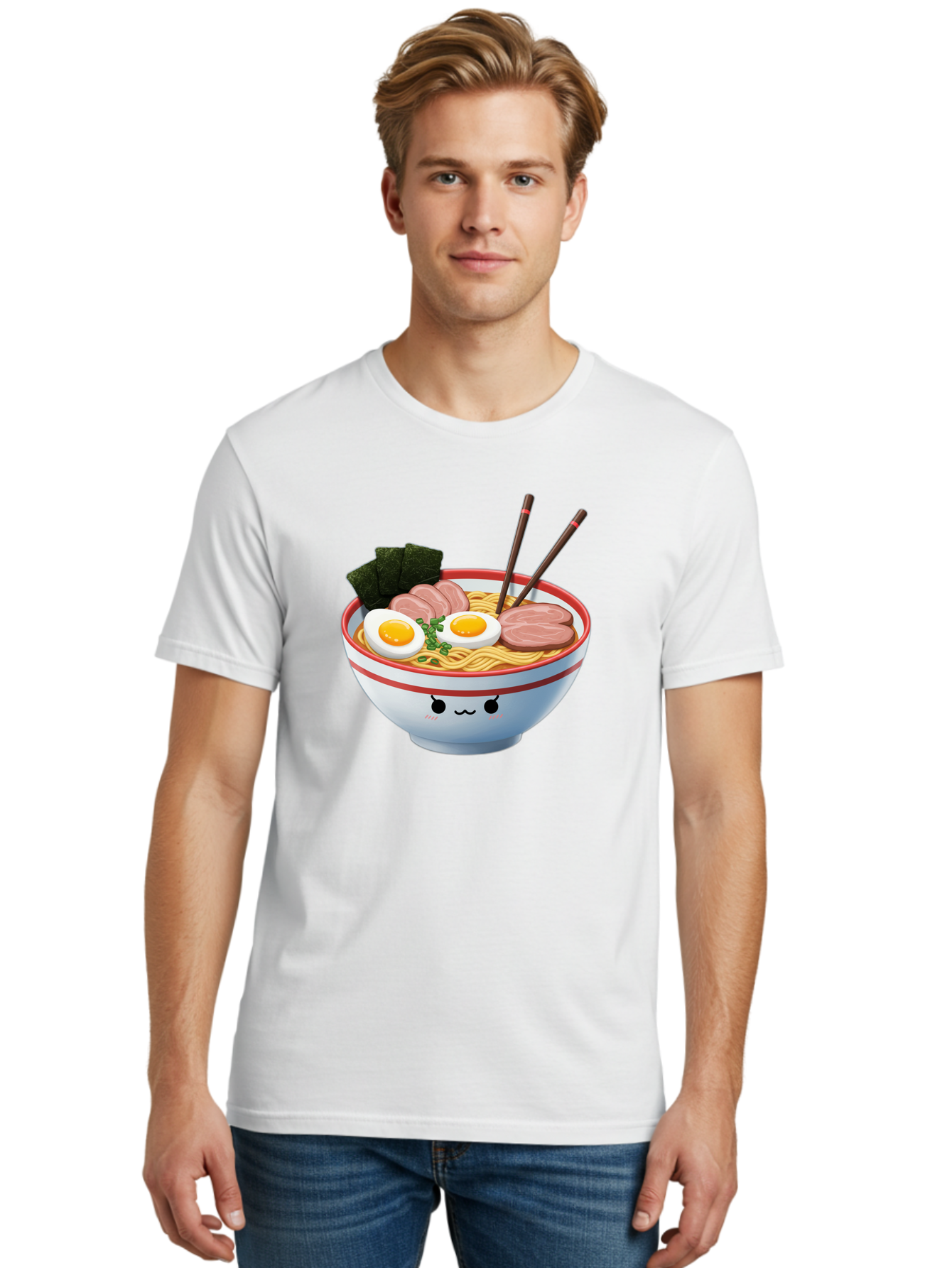 Ramen-Noodle-Bowl-1 Men'S Graphic Tee, 100% Cotton, Comfortable Casual Summer Wear, Machine Washable, Steaming Hot Ramen, Japanese Cuisine, Egg And Meat Toppings, Boiled Egg, Sliced Pork, Seaweed, Chopsticks, Kawaii Culture, Noodle Soup, Bab303