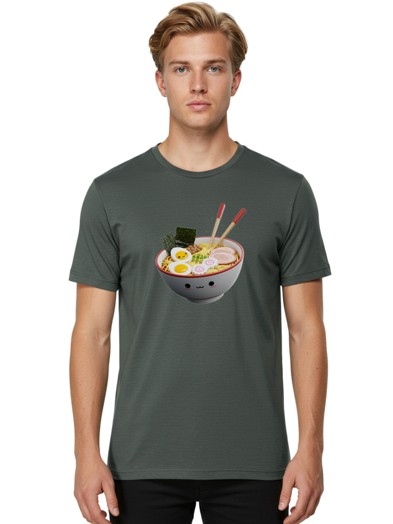 Ramen-Noodle-Bowl-2 Men'S Graphic Tee, 100% Cotton, Comfortable Casual Summer Wear, Machine Washable, Delicious Ramen, Steaming Hot Noodles, Boiled Egg, Sliced Pork, Seaweed, Chopsticks, Cartoon Bowl, Kawaii Food, Japanese Cuisine, Bab304