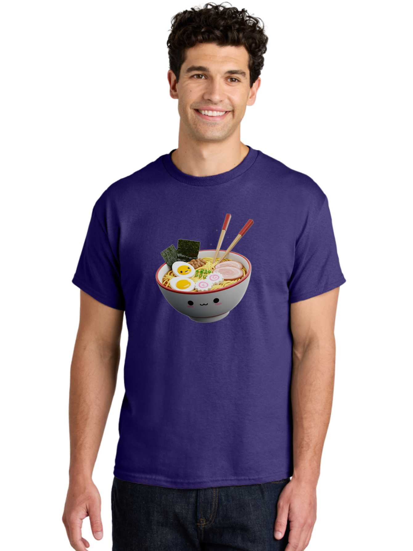 Ramen-Noodle-Bowl-2 Men'S Graphic Tee, 100% Cotton, Comfortable Casual Summer Wear, Machine Washable, Delicious Ramen, Steaming Hot Noodles, Boiled Egg, Sliced Pork, Seaweed, Chopsticks, Cartoon Bowl, Kawaii Food, Japanese Cuisine, Bab304