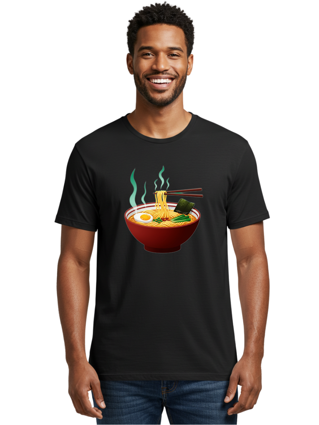 Ramen-Noodle-Bowl-3 Men'S Graphic Tee, 100% Cotton, Comfortable Casual Summer Wear, Machine Washable, Steaming Hot Ramen, Yellow Noodles, Boiled Egg, Seaweed, Green Onions, Chopsticks, Asian Cuisine, Japanese Food, Noodle Soup, Savory Dish Bab305