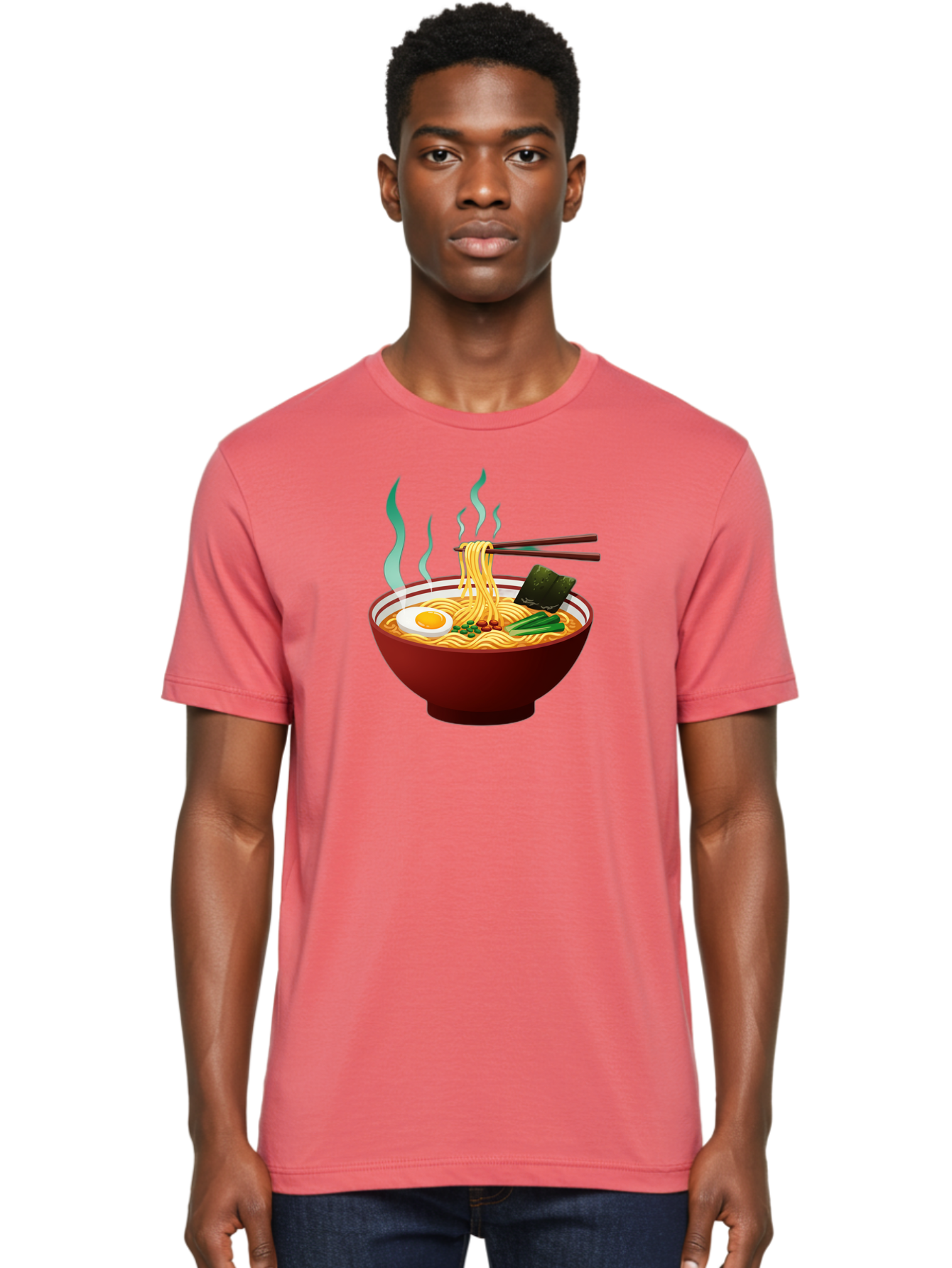 Ramen-Noodle-Bowl-3 Men'S Graphic Tee, 100% Cotton, Comfortable Casual Summer Wear, Machine Washable, Steaming Hot Ramen, Yellow Noodles, Boiled Egg, Seaweed, Green Onions, Chopsticks, Asian Cuisine, Japanese Food, Noodle Soup, Savory Dish Bab305