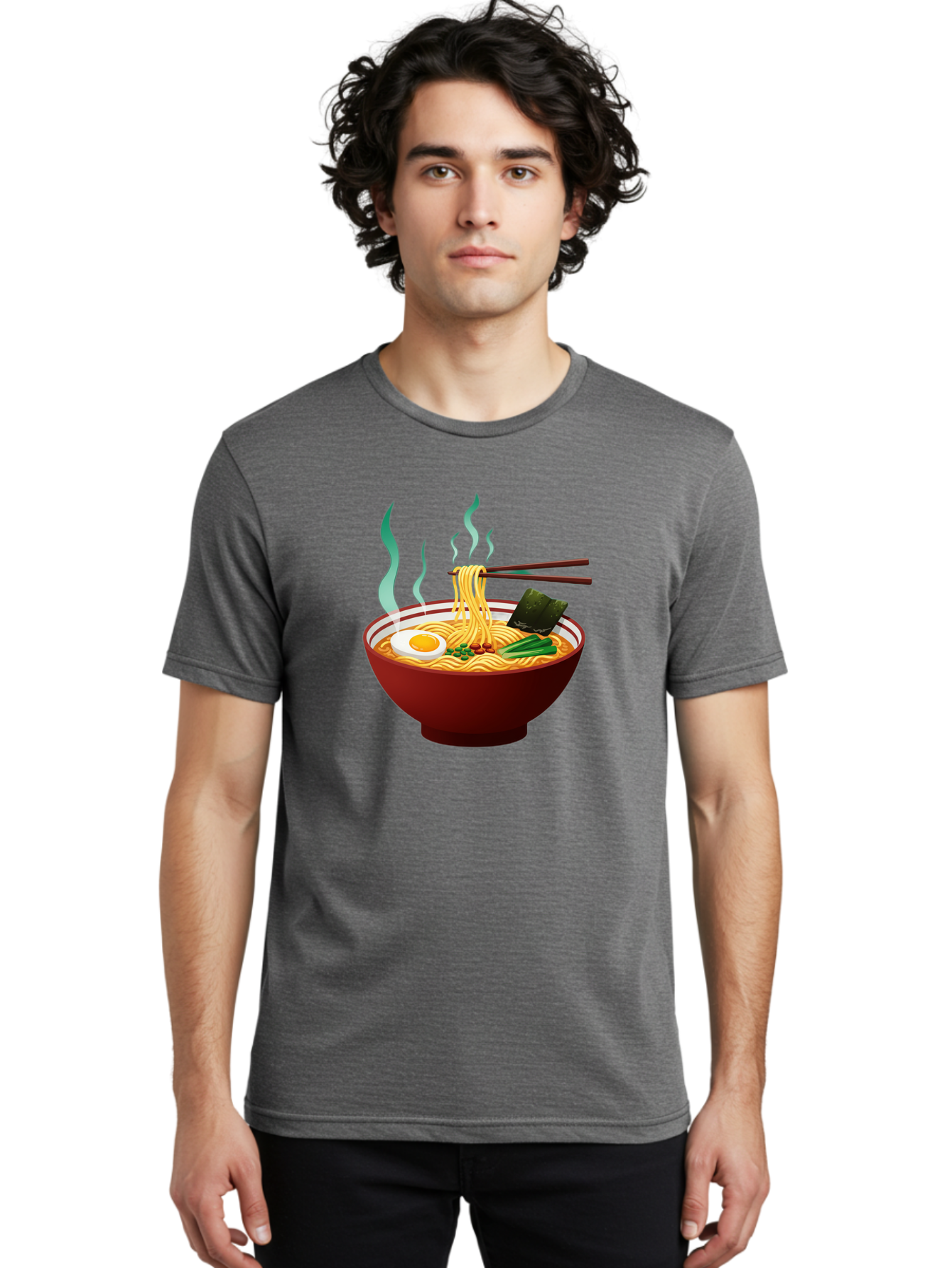 Ramen-Noodle-Bowl-3 Men'S Graphic Tee, 100% Cotton, Comfortable Casual Summer Wear, Machine Washable, Steaming Hot Ramen, Yellow Noodles, Boiled Egg, Seaweed, Green Onions, Chopsticks, Asian Cuisine, Japanese Food, Noodle Soup, Savory Dish Bab305