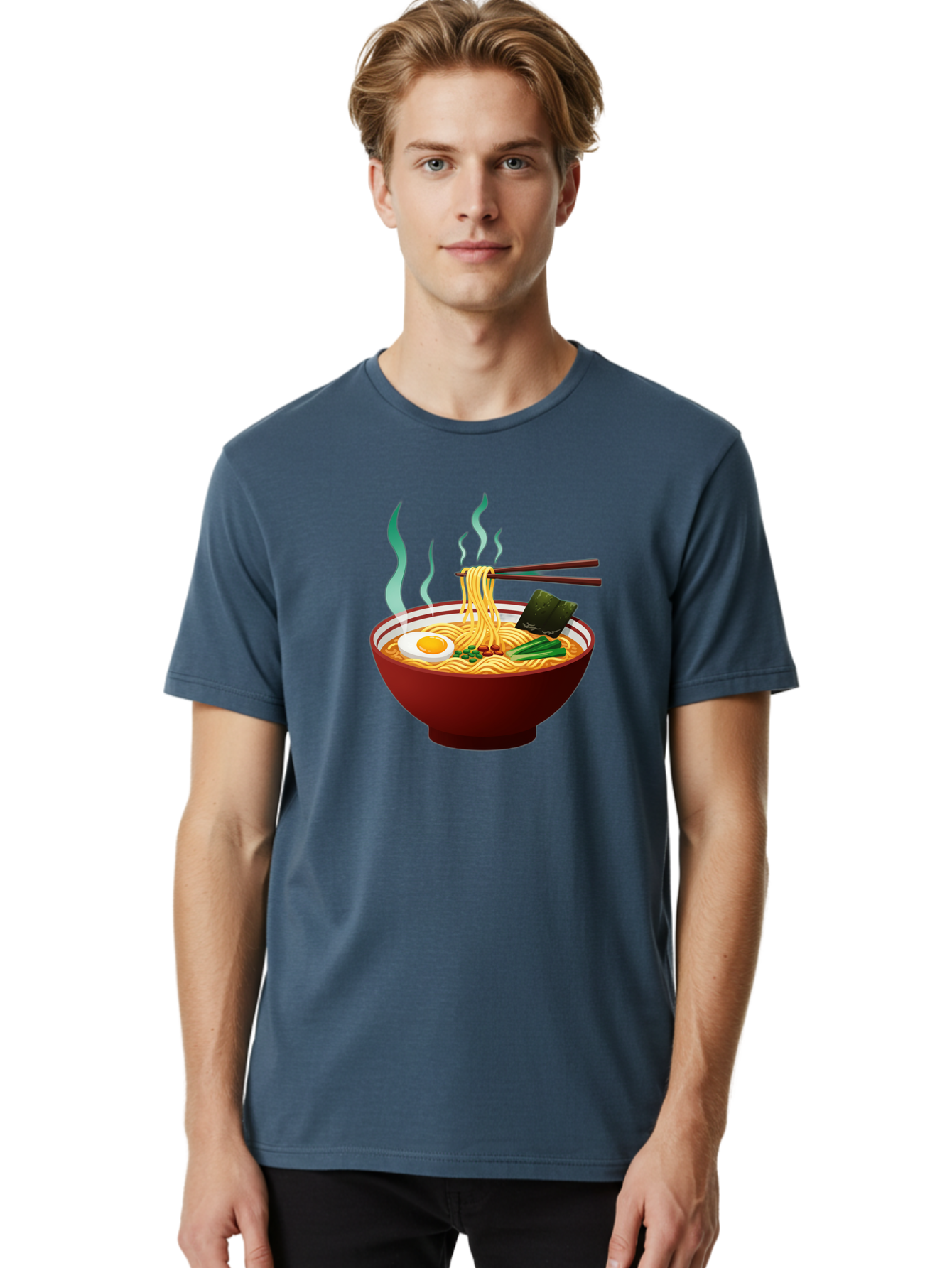 Ramen-Noodle-Bowl-3 Men'S Graphic Tee, 100% Cotton, Comfortable Casual Summer Wear, Machine Washable, Steaming Hot Ramen, Yellow Noodles, Boiled Egg, Seaweed, Green Onions, Chopsticks, Asian Cuisine, Japanese Food, Noodle Soup, Savory Dish Bab305