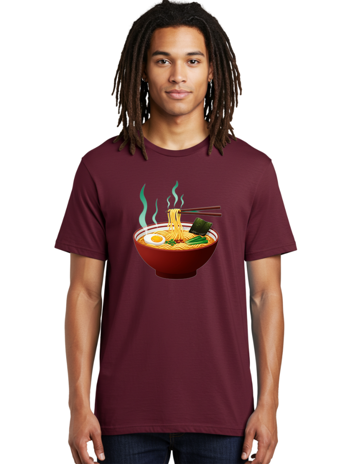Ramen-Noodle-Bowl-3 Men'S Graphic Tee, 100% Cotton, Comfortable Casual Summer Wear, Machine Washable, Steaming Hot Ramen, Yellow Noodles, Boiled Egg, Seaweed, Green Onions, Chopsticks, Asian Cuisine, Japanese Food, Noodle Soup, Savory Dish Bab305