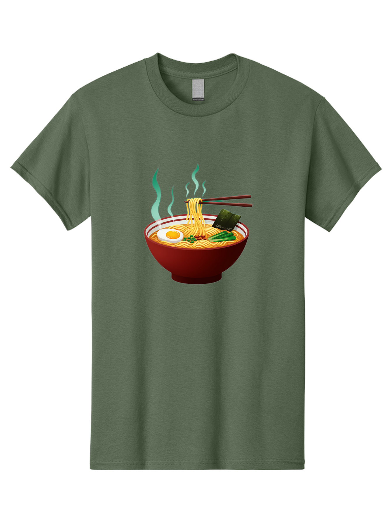 Ramen-Noodle-Bowl-3 Men'S Graphic Tee, 100% Cotton, Comfortable Casual Summer Wear, Machine Washable, Steaming Hot Ramen, Yellow Noodles, Boiled Egg, Seaweed, Green Onions, Chopsticks, Asian Cuisine, Japanese Food, Noodle Soup, Savory Dish Bab305