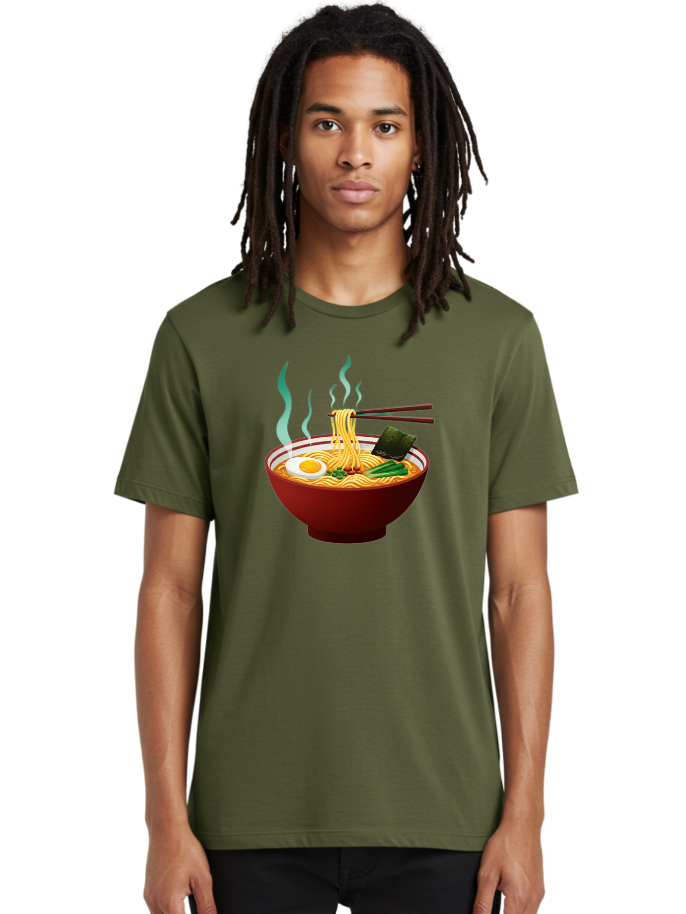 Ramen-Noodle-Bowl-3 Men'S Graphic Tee, 100% Cotton, Comfortable Casual Summer Wear, Machine Washable, Steaming Hot Ramen, Yellow Noodles, Boiled Egg, Seaweed, Green Onions, Chopsticks, Asian Cuisine, Japanese Food, Noodle Soup, Savory Dish Bab305