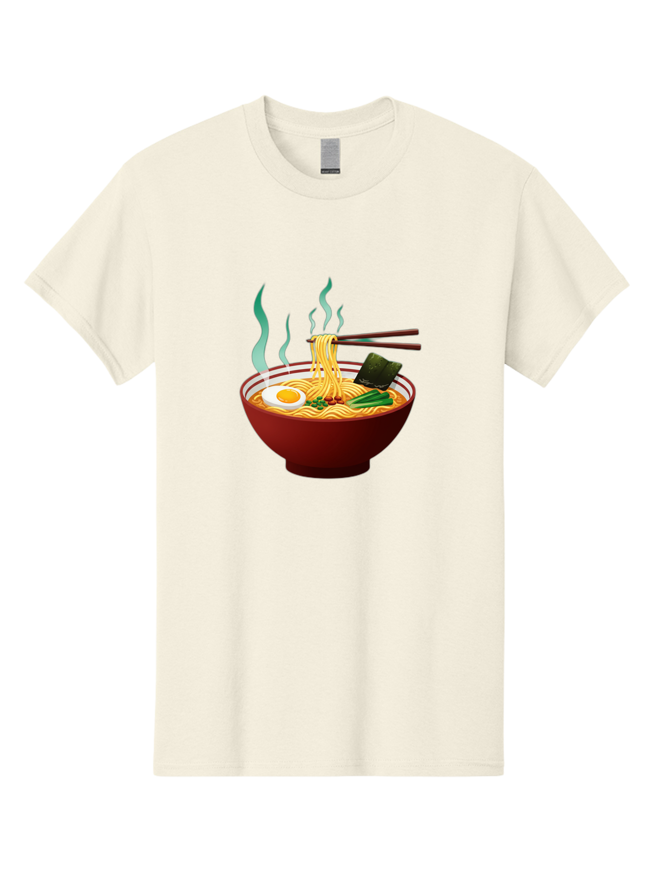 Ramen-Noodle-Bowl-3 Men'S Graphic Tee, 100% Cotton, Comfortable Casual Summer Wear, Machine Washable, Steaming Hot Ramen, Yellow Noodles, Boiled Egg, Seaweed, Green Onions, Chopsticks, Asian Cuisine, Japanese Food, Noodle Soup, Savory Dish Bab305