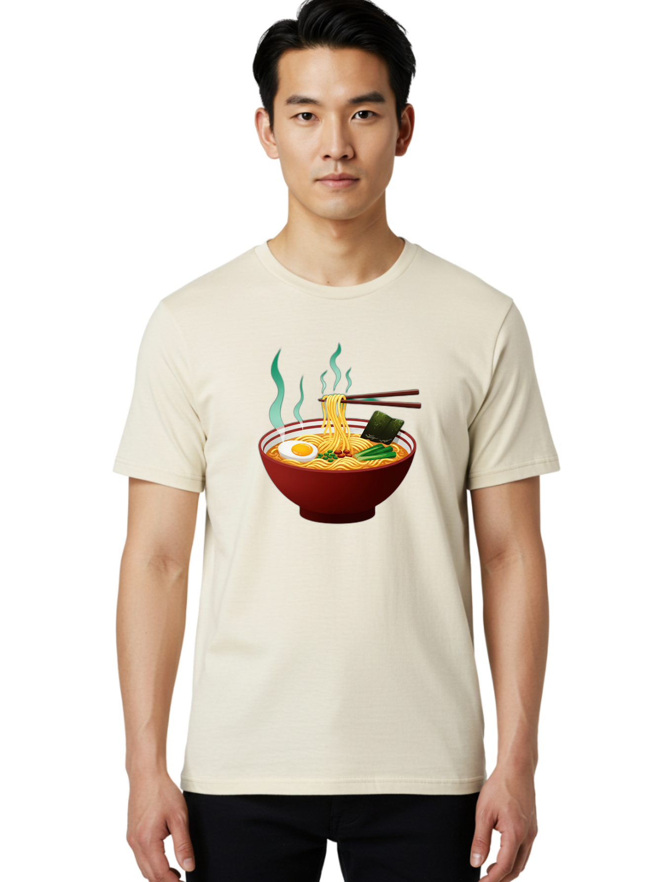 Ramen-Noodle-Bowl-3 Men'S Graphic Tee, 100% Cotton, Comfortable Casual Summer Wear, Machine Washable, Steaming Hot Ramen, Yellow Noodles, Boiled Egg, Seaweed, Green Onions, Chopsticks, Asian Cuisine, Japanese Food, Noodle Soup, Savory Dish Bab305