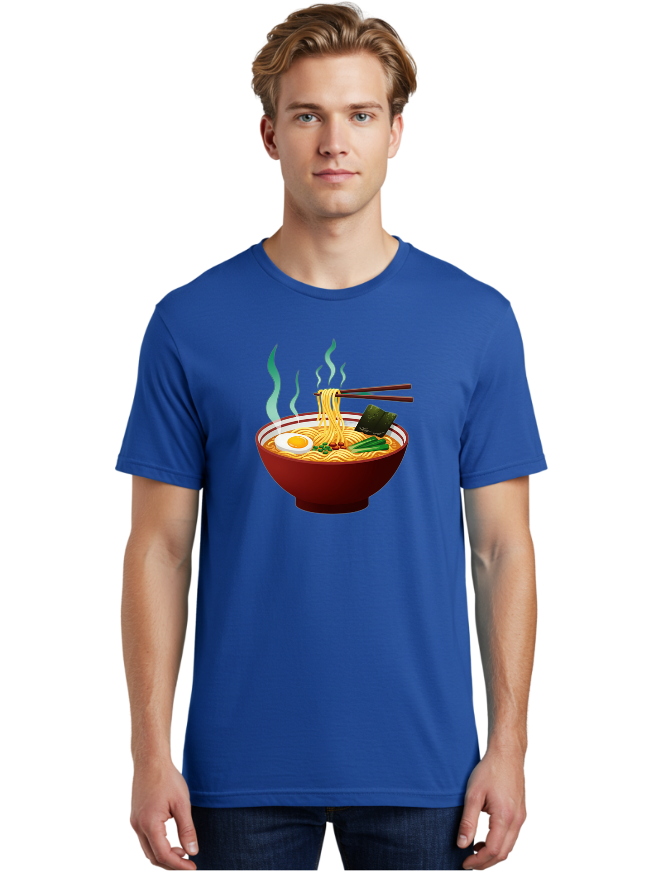 Ramen-Noodle-Bowl-3 Men'S Graphic Tee, 100% Cotton, Comfortable Casual Summer Wear, Machine Washable, Steaming Hot Ramen, Yellow Noodles, Boiled Egg, Seaweed, Green Onions, Chopsticks, Asian Cuisine, Japanese Food, Noodle Soup, Savory Dish Bab305