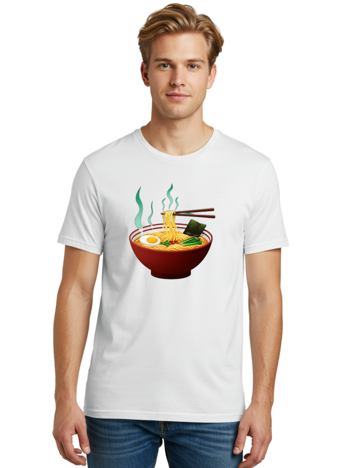 Ramen-Noodle-Bowl-3 Men'S Graphic Tee, 100% Cotton, Comfortable Casual Summer Wear, Machine Washable, Steaming Hot Ramen, Yellow Noodles, Boiled Egg, Seaweed, Green Onions, Chopsticks, Asian Cuisine, Japanese Food, Noodle Soup, Savory Dish Bab305