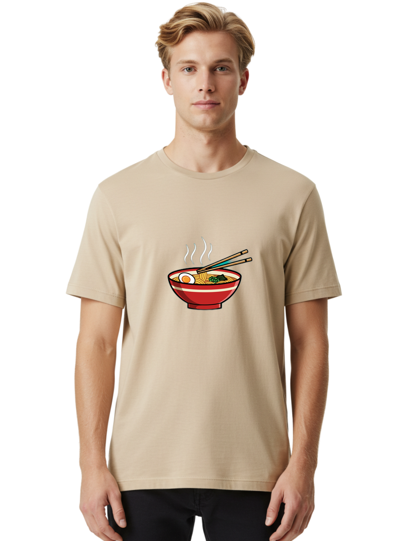 Ramen-Noodle-Bowl-4 Men'S Graphic Tee, 100% Cotton, Comfortable Casual Summer Wear, Machine Washable, Steaming Hot Ramen, Japanese Noodle Soup, Delicious Meal, Bowl Of Noodles, Chopsticks, Boiled Egg, Green Onions, Savory Dish, Asian Cuisine, Bab306