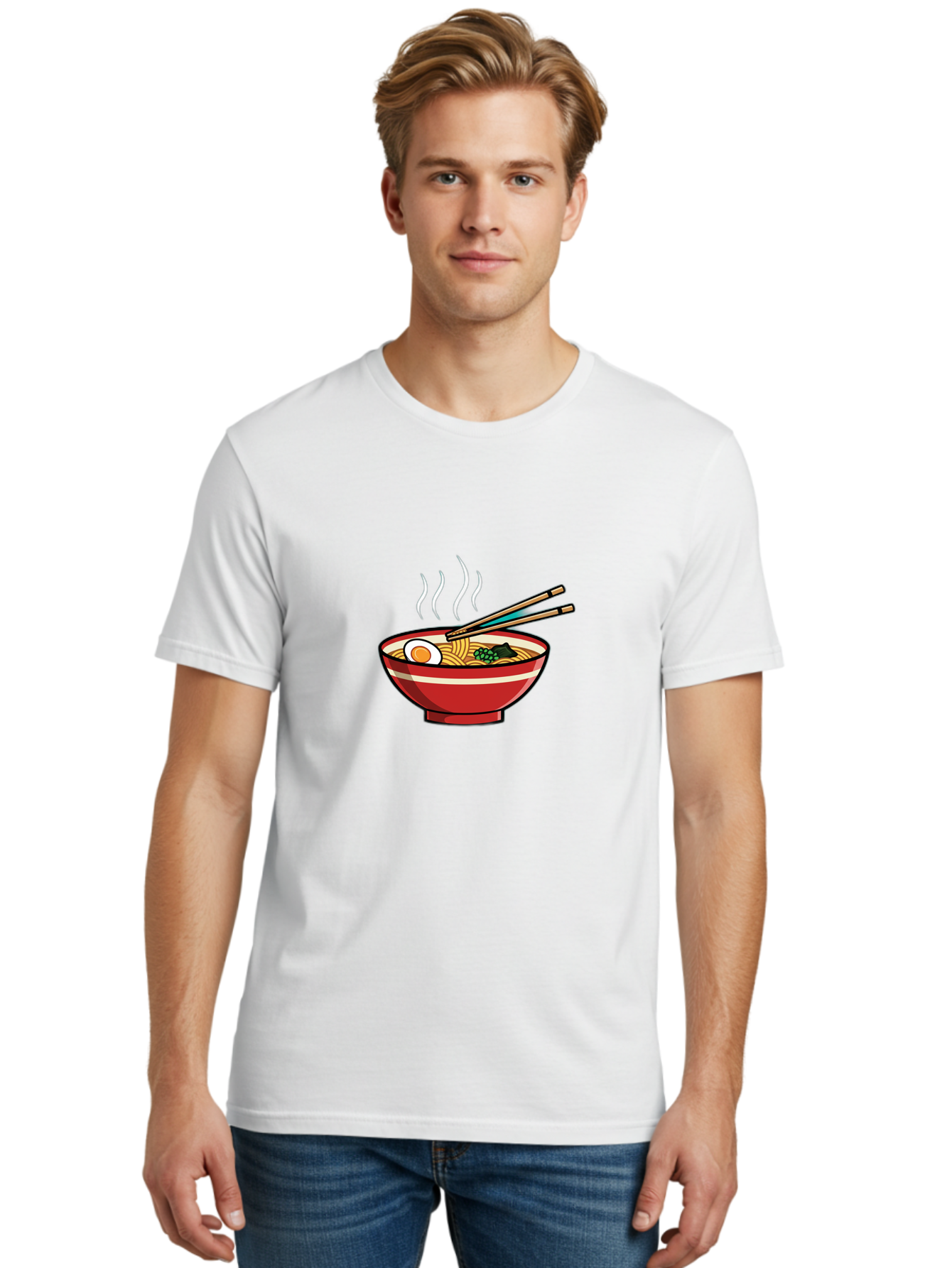 Ramen-Noodle-Bowl-4 Men'S Graphic Tee, 100% Cotton, Comfortable Casual Summer Wear, Machine Washable, Steaming Hot Ramen, Japanese Noodle Soup, Delicious Meal, Bowl Of Noodles, Chopsticks, Boiled Egg, Green Onions, Savory Dish, Asian Cuisine, Bab306