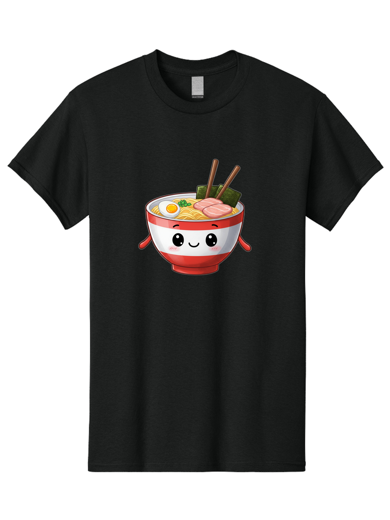 Ramen-Noodle-Bowl Men'S Graphic Tee, 100% Cotton, Comfortable Casual Summer Wear, Machine Washable, Cartoon Ramen Bowl, Japanese Food, Noodle Soup, Egg, Pork Slices, Seaweed, Chopsticks, Kawaii Character, Cute Design, Anime Style Bab307