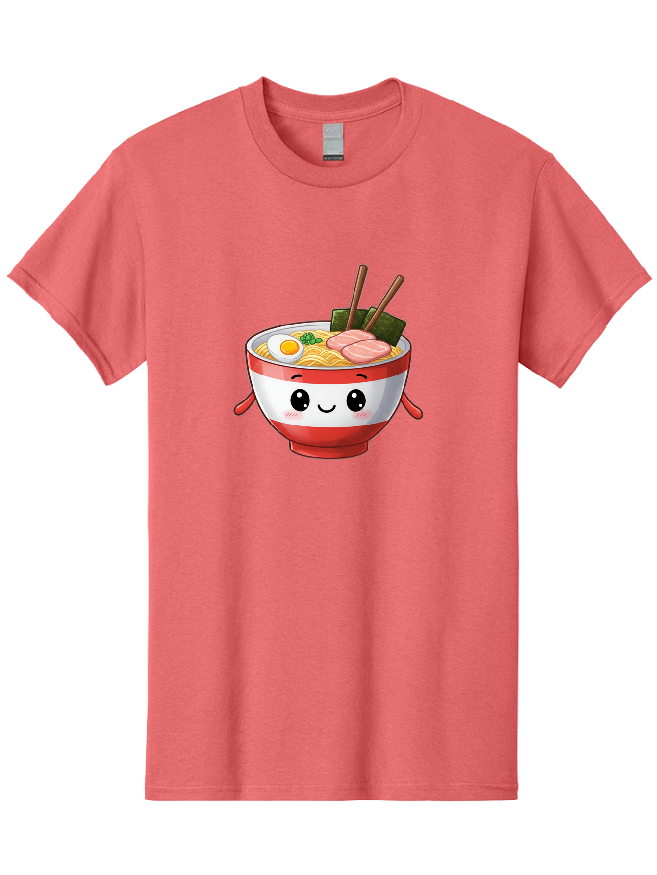 Ramen-Noodle-Bowl Men'S Graphic Tee, 100% Cotton, Comfortable Casual Summer Wear, Machine Washable, Cartoon Ramen Bowl, Japanese Food, Noodle Soup, Egg, Pork Slices, Seaweed, Chopsticks, Kawaii Character, Cute Design, Anime Style Bab307