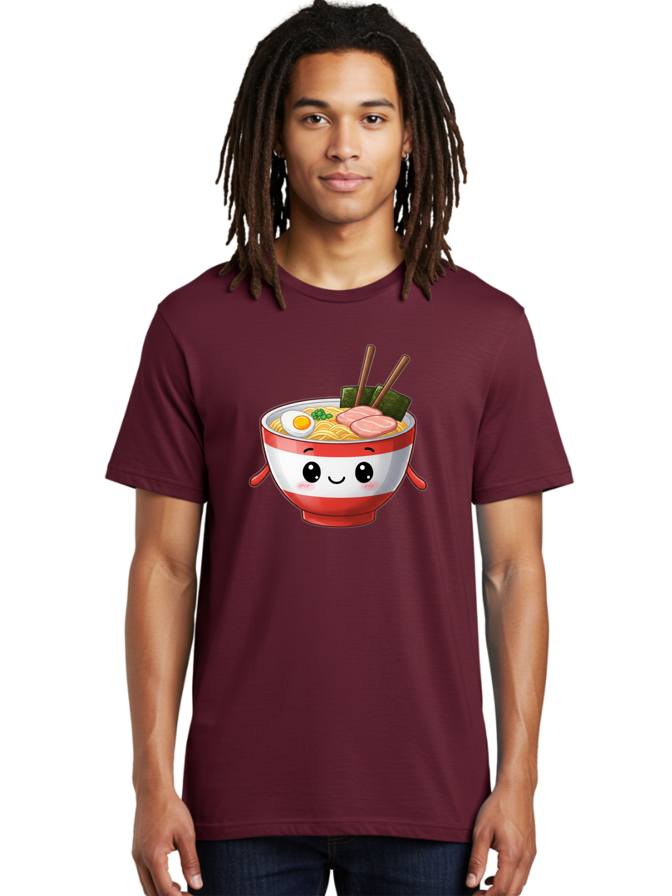 Ramen-Noodle-Bowl Men'S Graphic Tee, 100% Cotton, Comfortable Casual Summer Wear, Machine Washable, Cartoon Ramen Bowl, Japanese Food, Noodle Soup, Egg, Pork Slices, Seaweed, Chopsticks, Kawaii Character, Cute Design, Anime Style Bab307