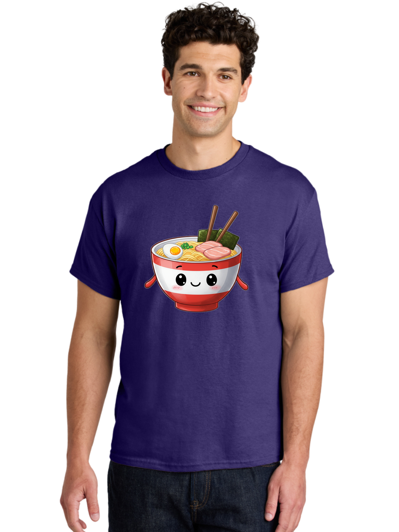 Ramen-Noodle-Bowl Men'S Graphic Tee, 100% Cotton, Comfortable Casual Summer Wear, Machine Washable, Cartoon Ramen Bowl, Japanese Food, Noodle Soup, Egg, Pork Slices, Seaweed, Chopsticks, Kawaii Character, Cute Design, Anime Style Bab307