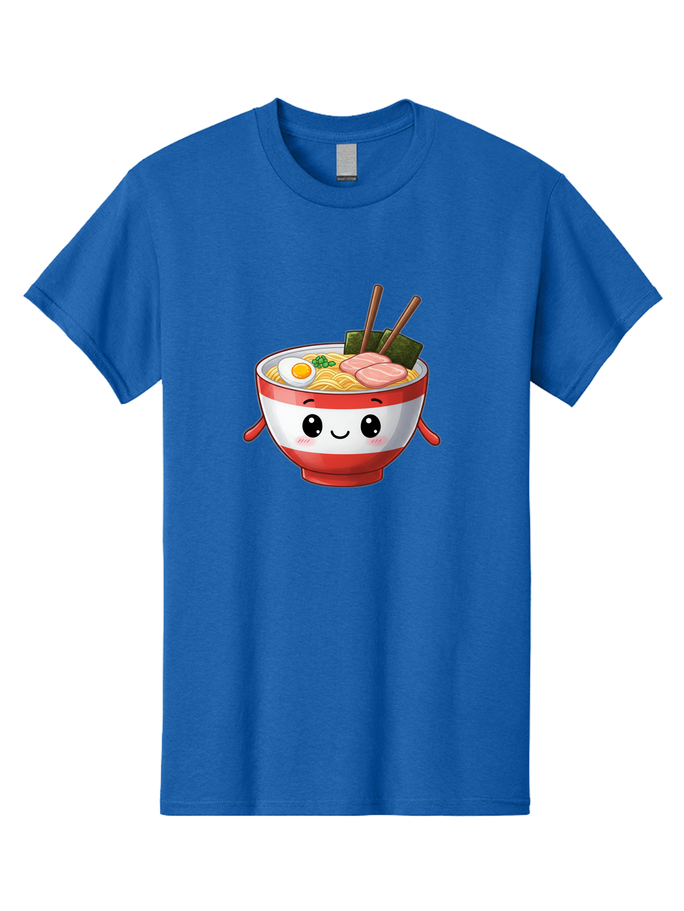 Ramen-Noodle-Bowl Men'S Graphic Tee, 100% Cotton, Comfortable Casual Summer Wear, Machine Washable, Cartoon Ramen Bowl, Japanese Food, Noodle Soup, Egg, Pork Slices, Seaweed, Chopsticks, Kawaii Character, Cute Design, Anime Style Bab307