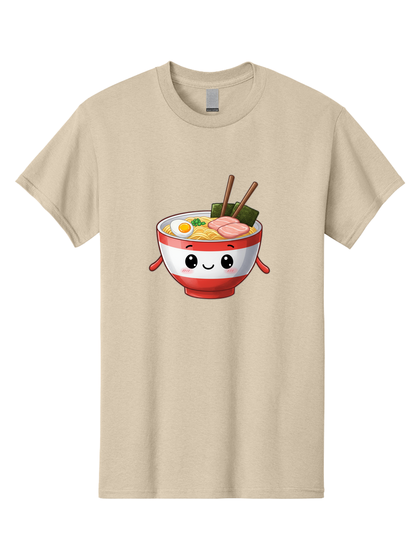 Ramen-Noodle-Bowl Men'S Graphic Tee, 100% Cotton, Comfortable Casual Summer Wear, Machine Washable, Cartoon Ramen Bowl, Japanese Food, Noodle Soup, Egg, Pork Slices, Seaweed, Chopsticks, Kawaii Character, Cute Design, Anime Style Bab307