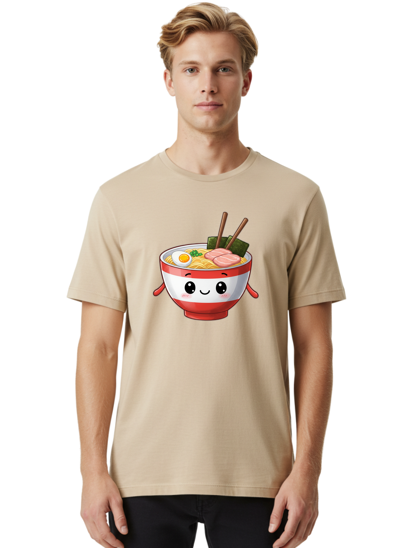 Ramen-Noodle-Bowl Men'S Graphic Tee, 100% Cotton, Comfortable Casual Summer Wear, Machine Washable, Cartoon Ramen Bowl, Japanese Food, Noodle Soup, Egg, Pork Slices, Seaweed, Chopsticks, Kawaii Character, Cute Design, Anime Style Bab307