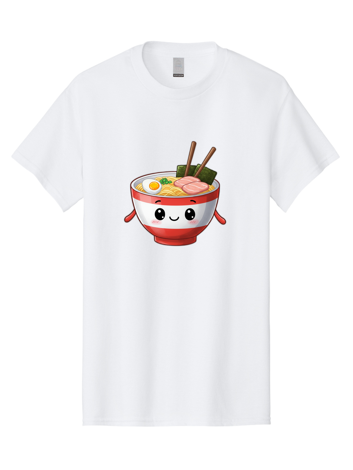 Ramen-Noodle-Bowl Men'S Graphic Tee, 100% Cotton, Comfortable Casual Summer Wear, Machine Washable, Cartoon Ramen Bowl, Japanese Food, Noodle Soup, Egg, Pork Slices, Seaweed, Chopsticks, Kawaii Character, Cute Design, Anime Style Bab307