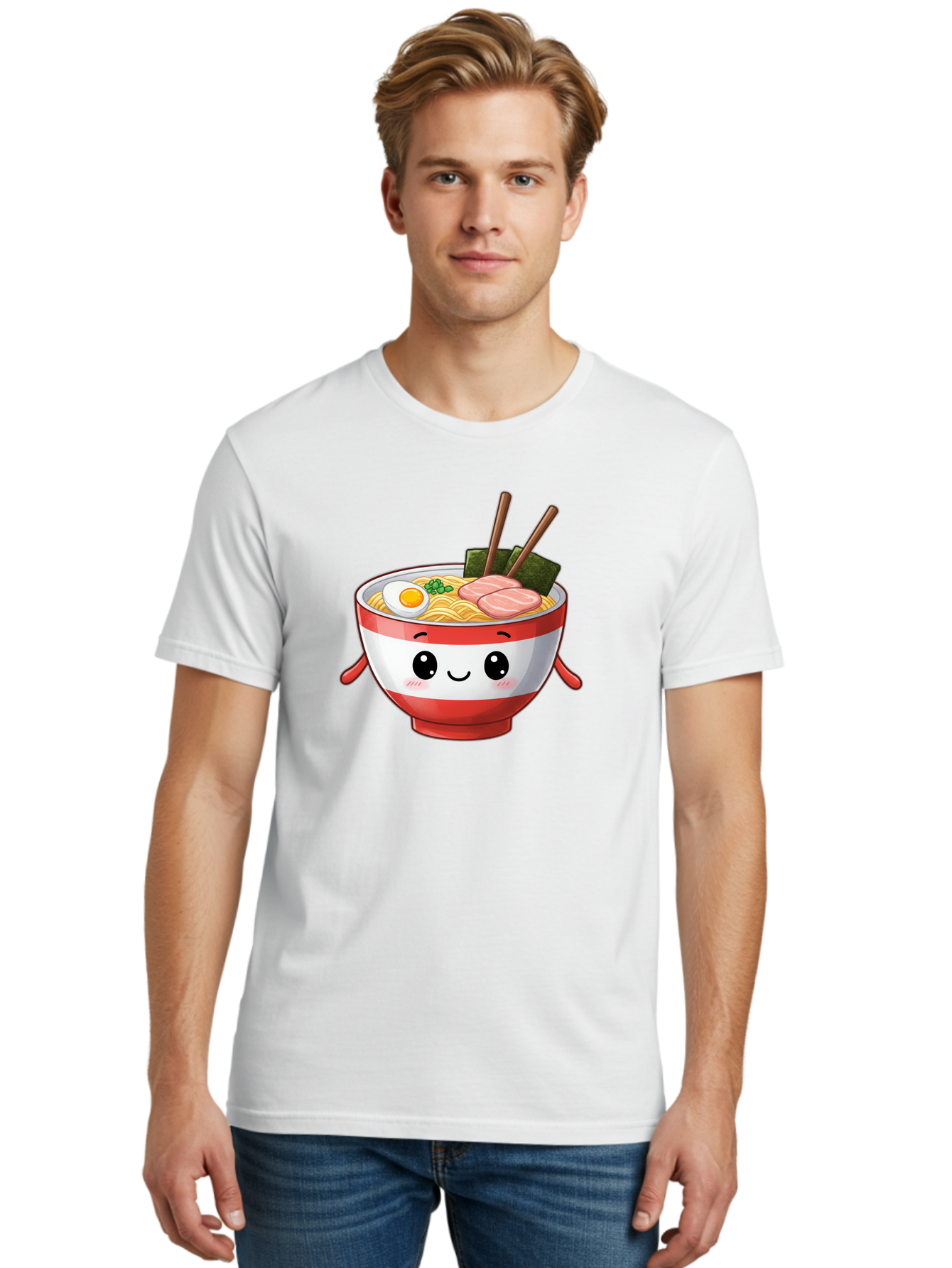 Ramen-Noodle-Bowl Men'S Graphic Tee, 100% Cotton, Comfortable Casual Summer Wear, Machine Washable, Cartoon Ramen Bowl, Japanese Food, Noodle Soup, Egg, Pork Slices, Seaweed, Chopsticks, Kawaii Character, Cute Design, Anime Style Bab307